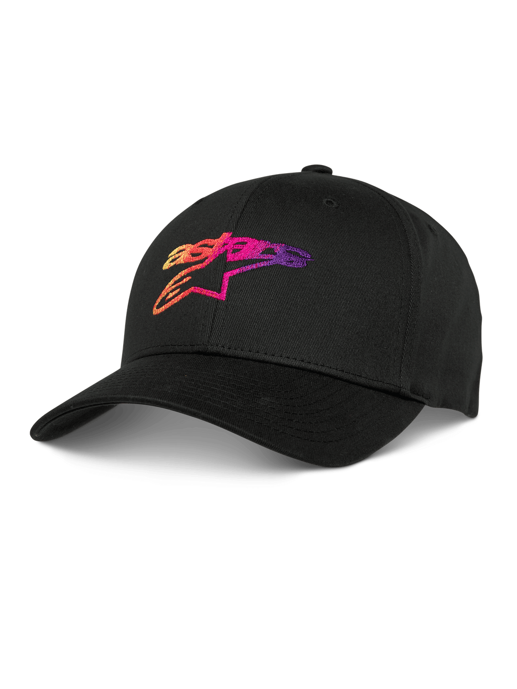 Alpinestars Setting Hat, czarna czapka z daszkiem baseballowa, z haftowanym logo 3D z gradientem w kolorach pomarańczowym, różowym i fioletowym, zakrzywiony daszek, strukturalna korona, codzienne nakrycie głowy lifestyle