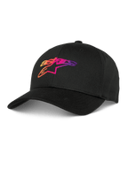 Alpinestars Setting Hat, czarna czapka z daszkiem baseballowa, z haftowanym logo 3D z gradientem w kolorach pomarańczowym, różowym i fioletowym, zakrzywiony daszek, strukturalna korona, codzienne nakrycie głowy lifestyle