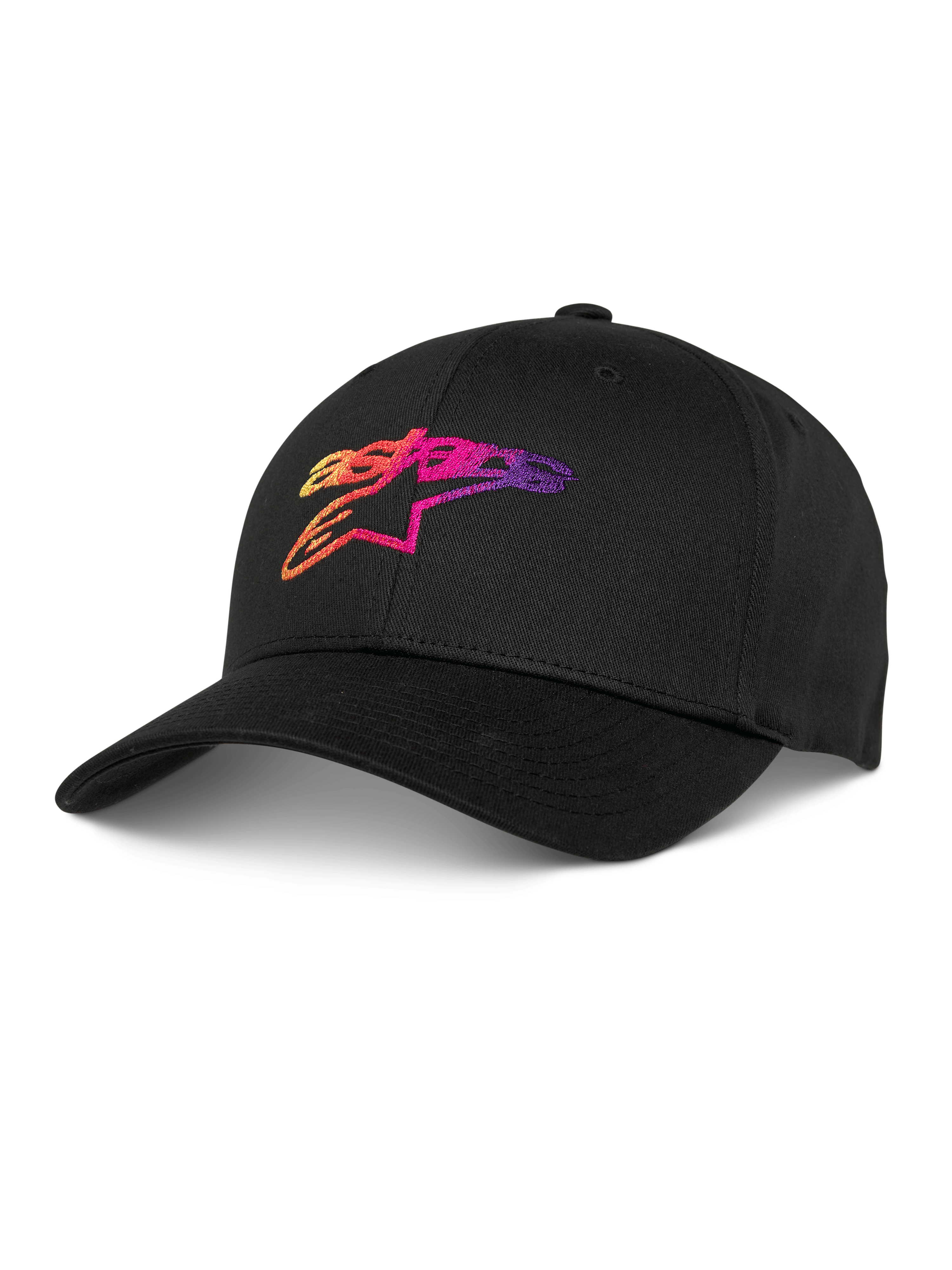 Alpinestars Setting Hat, czarna czapka z daszkiem baseballowa, z haftowanym logo 3D z gradientem w kolorach pomarańczowym, różowym i fioletowym, zakrzywiony daszek, strukturalna korona, codzienne nakrycie głowy lifestyle