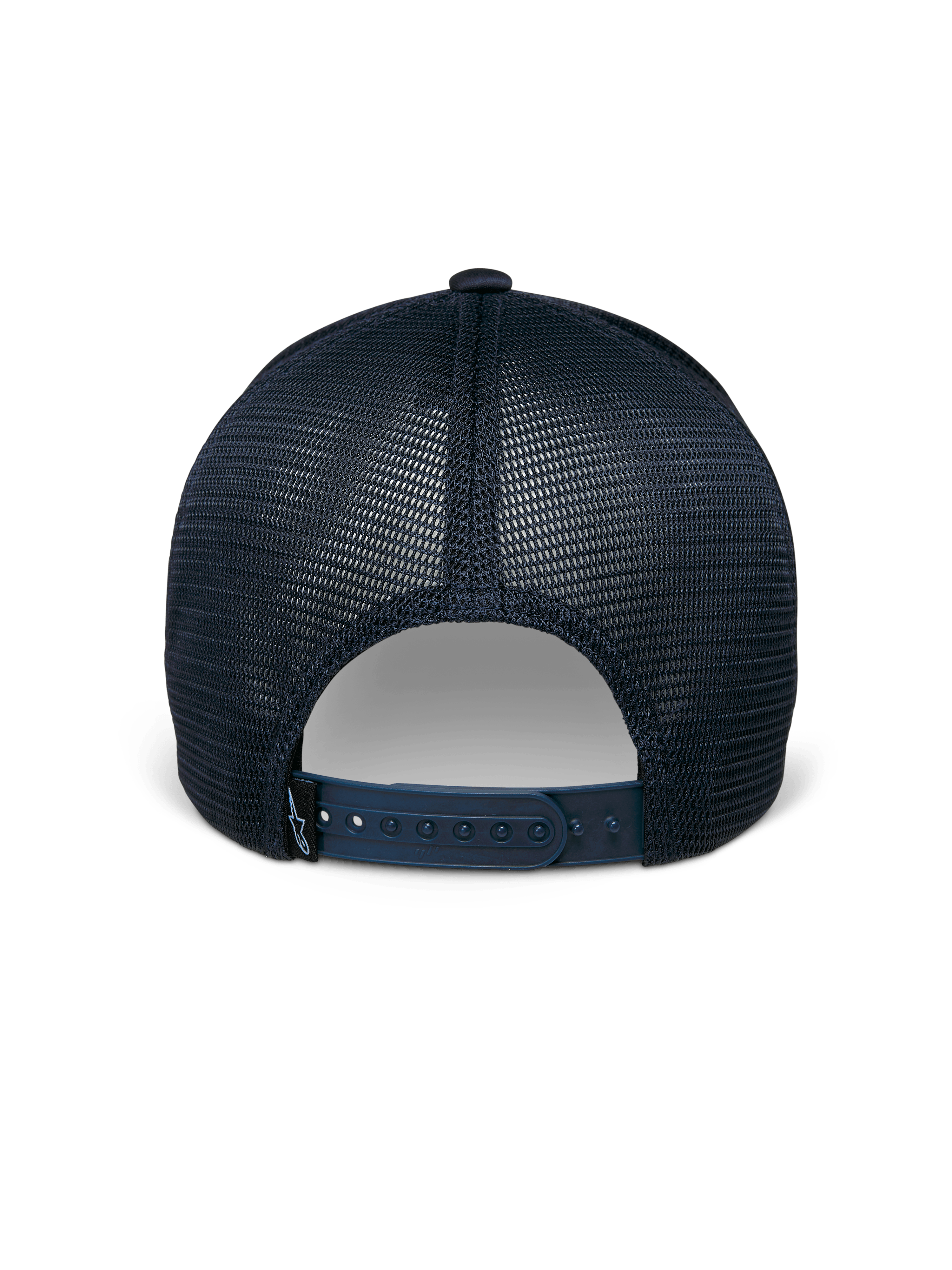 Czapka Alpinestars Delane, granatowa, widok z tyłu, oddychające panele z siatki Diamond, regulowane zapięcie typu snapback z małą etykietą z logo, sportowa odzież codzienna