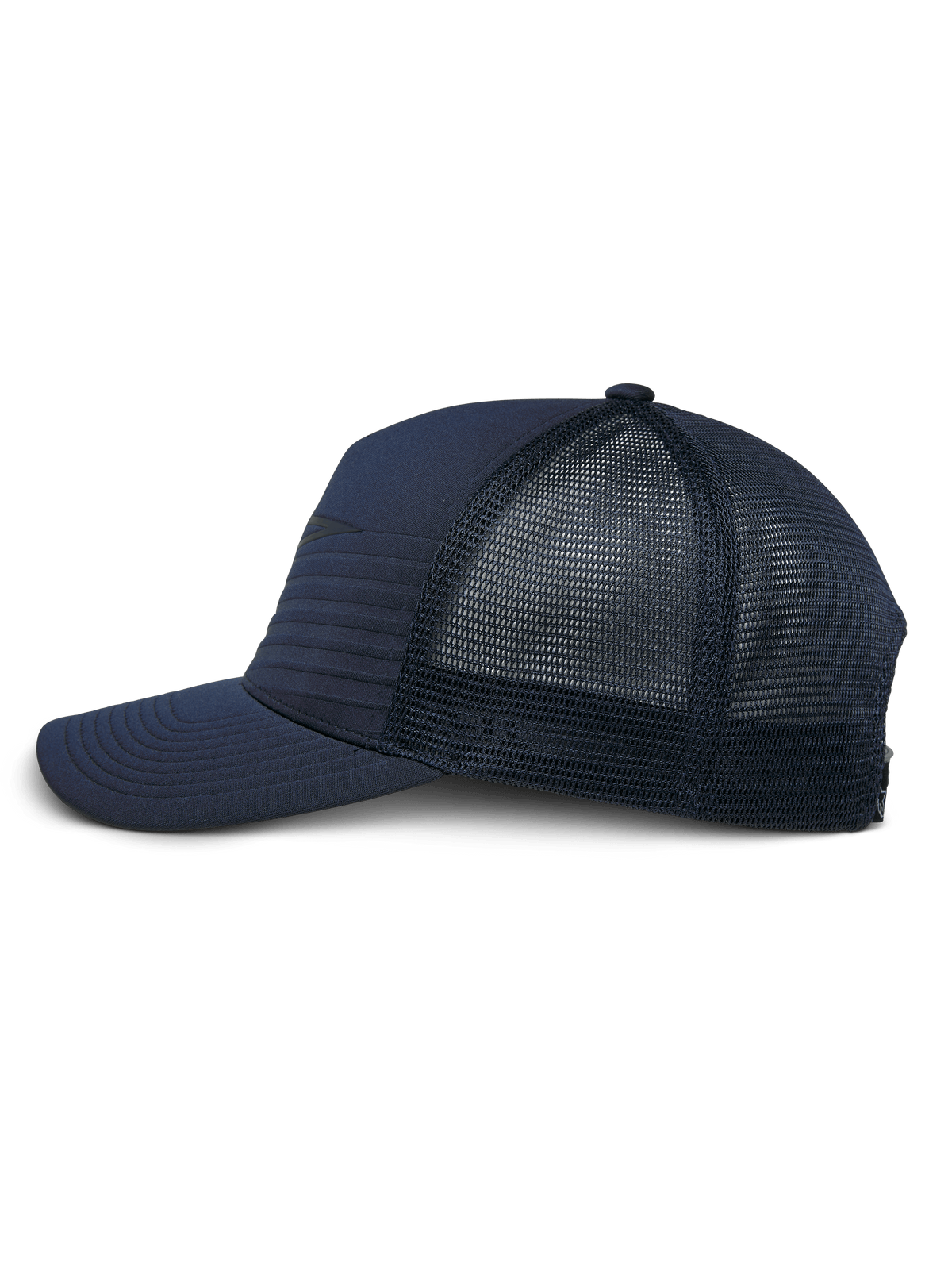 Alpinestars Delane Hat, granatowa, widok z boku strukturalnej czapki typu bejsbolówka z zakrzywionym daszkiem, hybrydowy dżersejowy przód z poziomymi przeszyciami i tył z siatki diamond, sportowa odzież codzienna