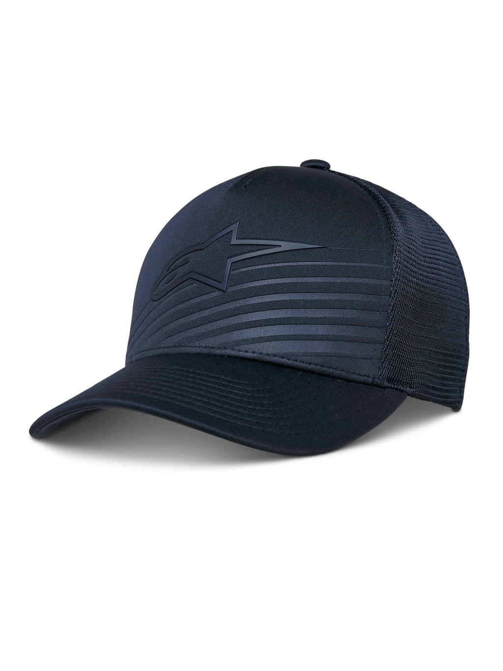 Alpinestars Delane Hat, sportowa czapka baseballowa, granatowa, stonowane logo gwiazdy i odblaskowe linie, strukturalna korona z siateczką diamond z tyłu, zakrzywiony daszek, oddychająca odzież sportowa