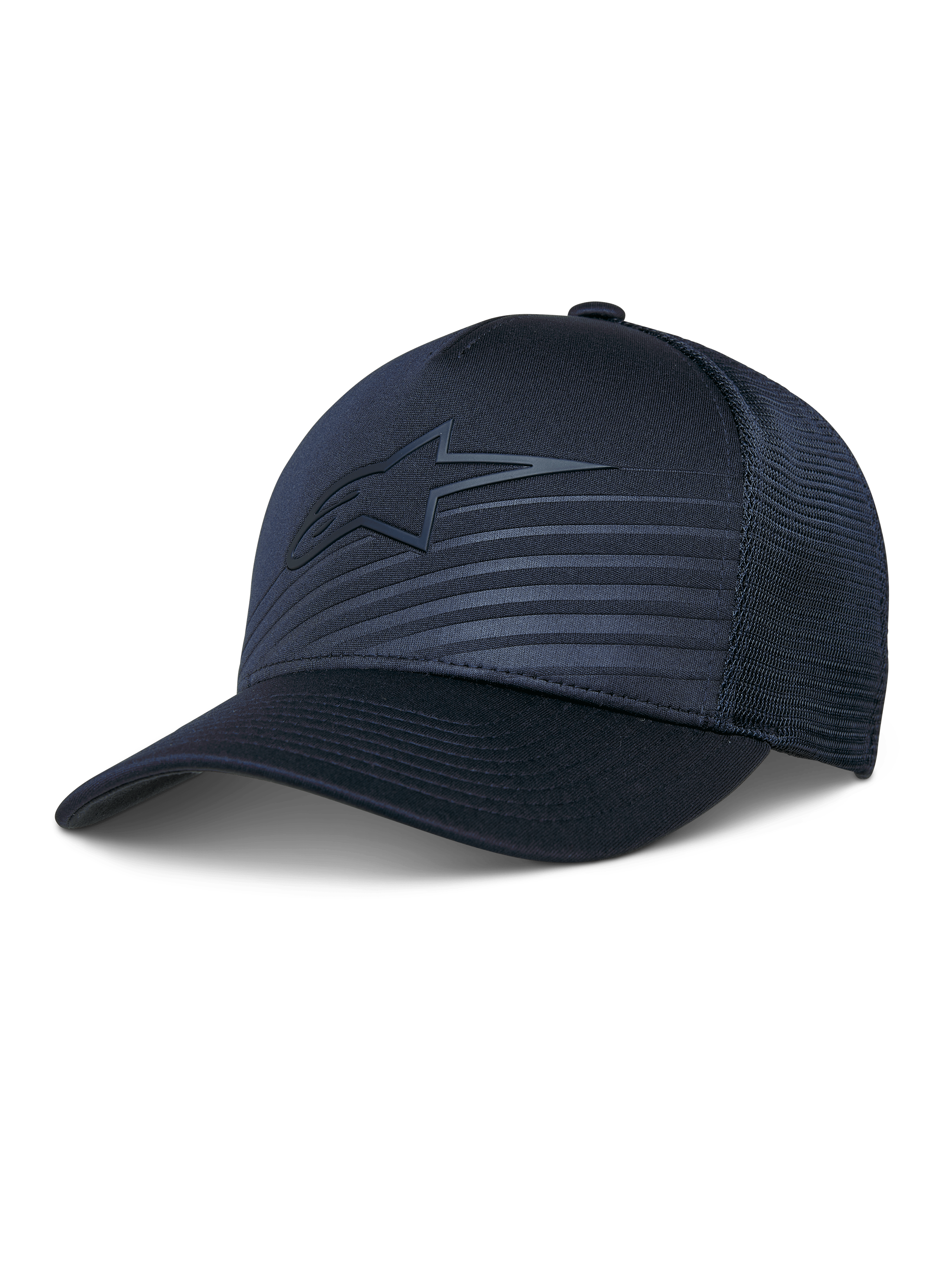 Alpinestars Delane Hat, sportowa czapka baseballowa, granatowa, stonowane logo gwiazdy i odblaskowe linie, strukturalna korona z siateczką diamond z tyłu, zakrzywiony daszek, oddychająca odzież sportowa