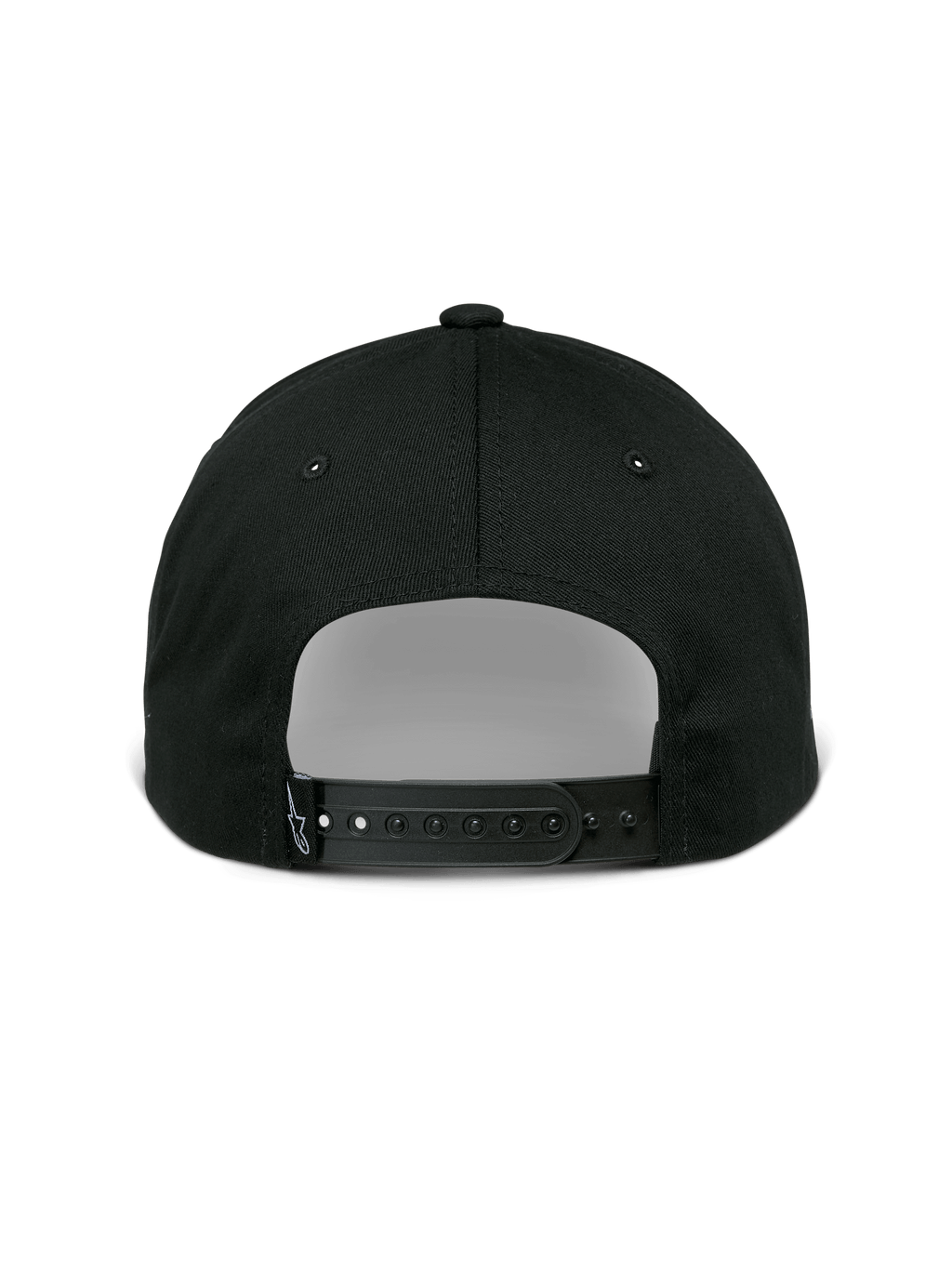 Czapka Alpinestars Sessionized, czapka typu snapback, czarna, widok z tyłu z regulowanym paskiem i małą metką z logo, bawełna twill, codzienne nakrycie głowy inspirowane sportami motorowymi