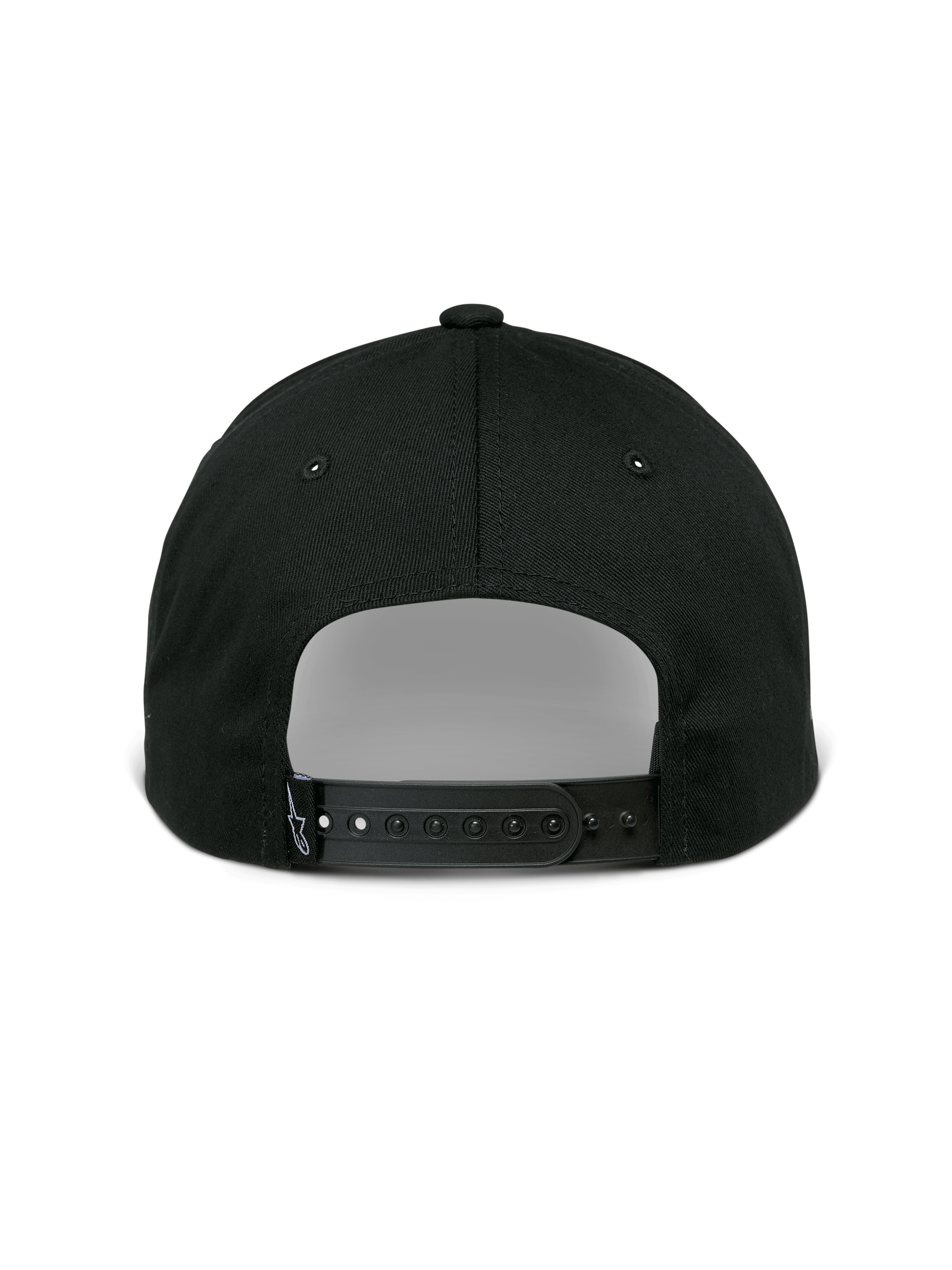 Czapka Alpinestars Sessionized, czapka typu snapback, czarna, widok z tyłu z regulowanym paskiem i małą metką z logo, bawełna twill, codzienne nakrycie głowy inspirowane sportami motorowymi
