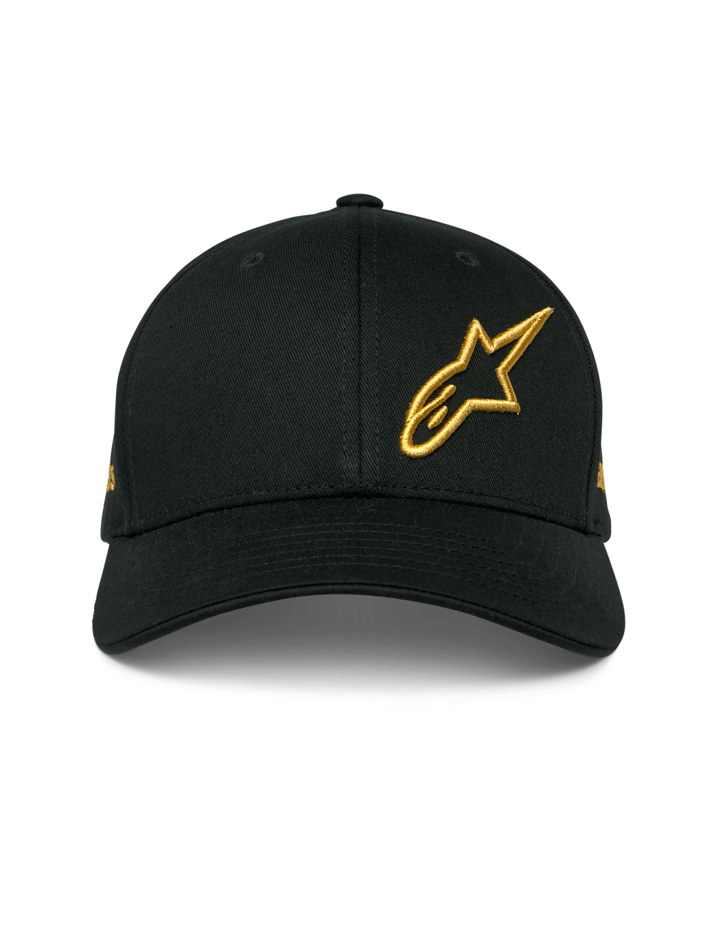 Alpinestars Sessionized Hat, czarna czapka z zakrzywionym daszkiem typu snapback, złote haftowane logo Astars 3D z przodu po lewej stronie, strukturalna konstrukcja z bawełnianego twillu, codzienne nakrycie głowy w stylu motorsportowym