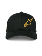 Alpinestars Sessionized Hat, czarna czapka z zakrzywionym daszkiem typu snapback, złote haftowane logo Astars 3D z przodu po lewej stronie, strukturalna konstrukcja z bawełnianego twillu, codzienne nakrycie głowy w stylu motorsportowym