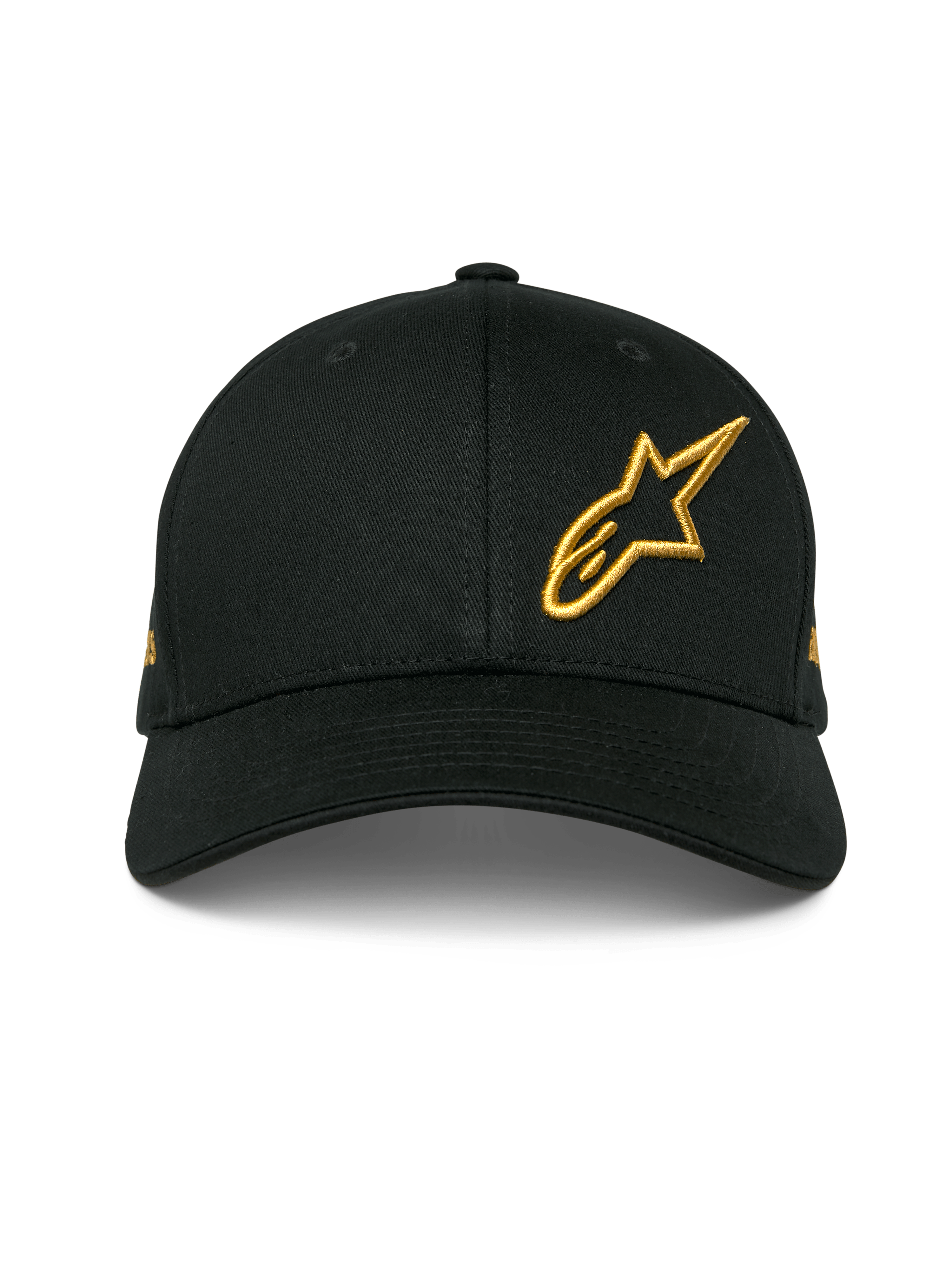 Alpinestars Sessionized Hat, czarna czapka z zakrzywionym daszkiem typu snapback, złote haftowane logo Astars 3D z przodu po lewej stronie, strukturalna konstrukcja z bawełnianego twillu, codzienne nakrycie głowy w stylu motorsportowym