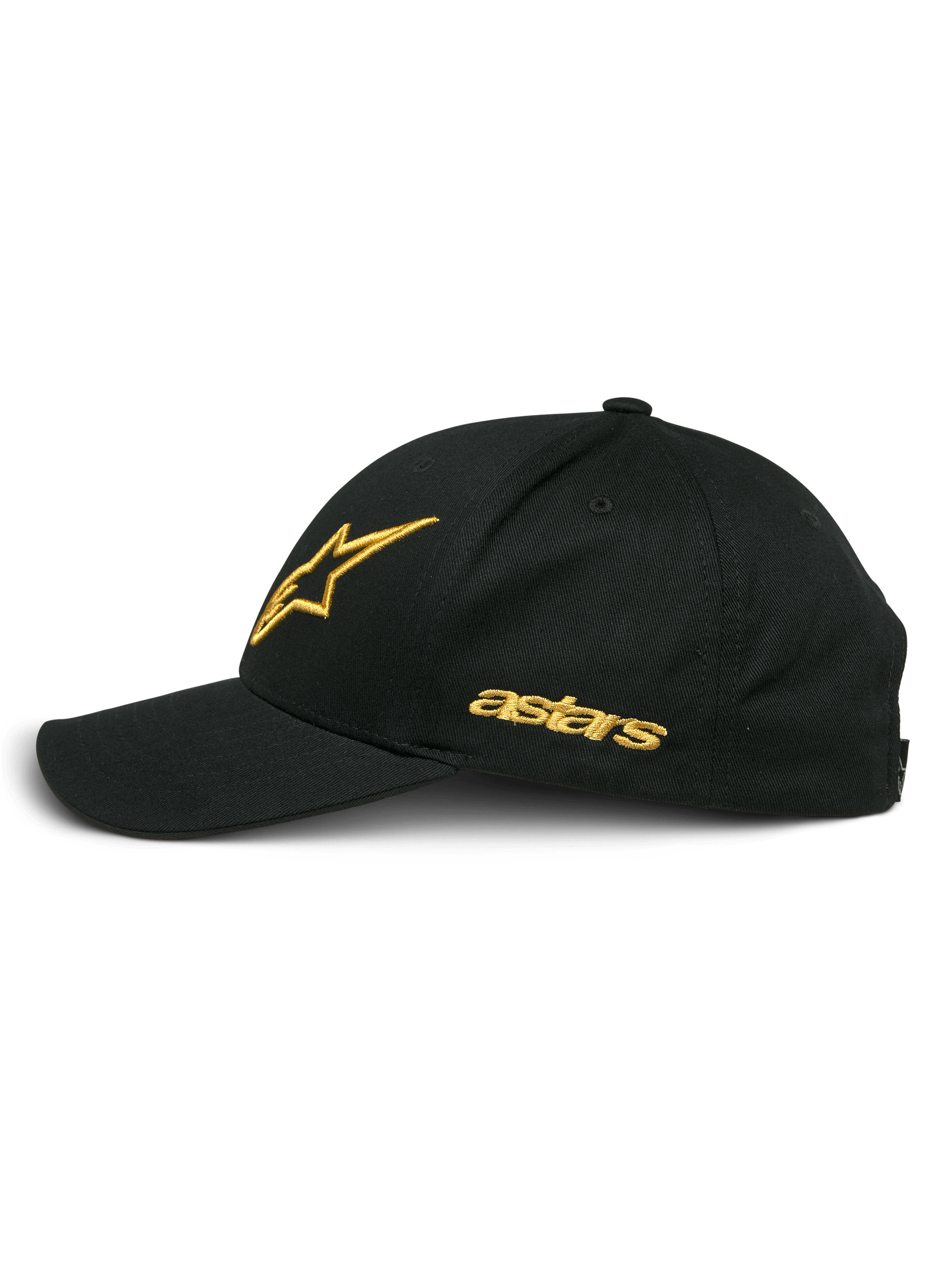Alpinestars Sessionized Hat, czarno-złota, profil boczny ze złotym haftowanym logo gwiazdy i napisem "astars", zakrzywiony daszek, strukturalna korona, codzienne nakrycie głowy inspirowane motorsportem