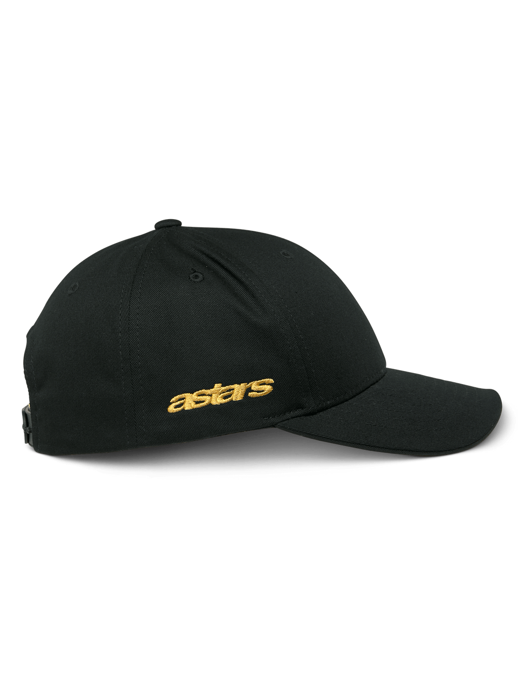 Alpinestars Sessionized Hat, czarna czapka z daszkiem typu snapback, widok z boku, złoty płaski haft astars z boku, strukturalna korona z zakrzywionym daszkiem, casualowe nakrycie głowy inspirowane sportami motorowymi