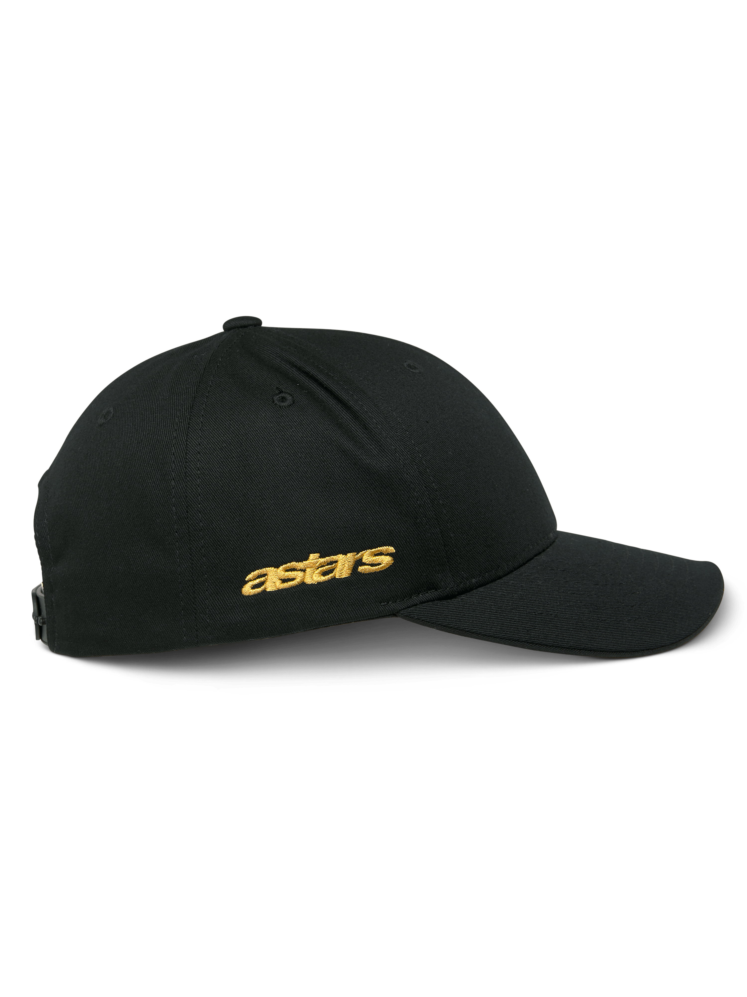 Alpinestars Sessionized Hat, czarna czapka z daszkiem typu snapback, widok z boku, złoty płaski haft astars z boku, strukturalna korona z zakrzywionym daszkiem, casualowe nakrycie głowy inspirowane sportami motorowymi