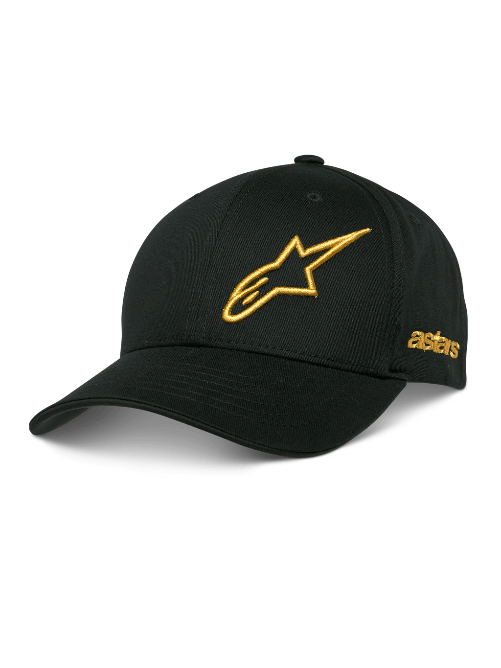 Alpinestars Sessionized Hat, czarna czapka z daszkiem baseballowa, złote haftowane logo gwiazdy 3D, zakrzywiony daszek, boczny haft z napisem „astars”, casualowe nakrycie głowy motorsport
