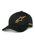 Alpinestars Sessionized Hat, czarna czapka z daszkiem baseballowa, złote haftowane logo gwiazdy 3D, zakrzywiony daszek, boczny haft z napisem „astars”, casualowe nakrycie głowy motorsport