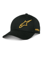 Alpinestars Sessionized Hat, czarna czapka z daszkiem baseballowa, złote haftowane logo gwiazdy 3D, zakrzywiony daszek, boczny haft z napisem „astars”, casualowe nakrycie głowy motorsport