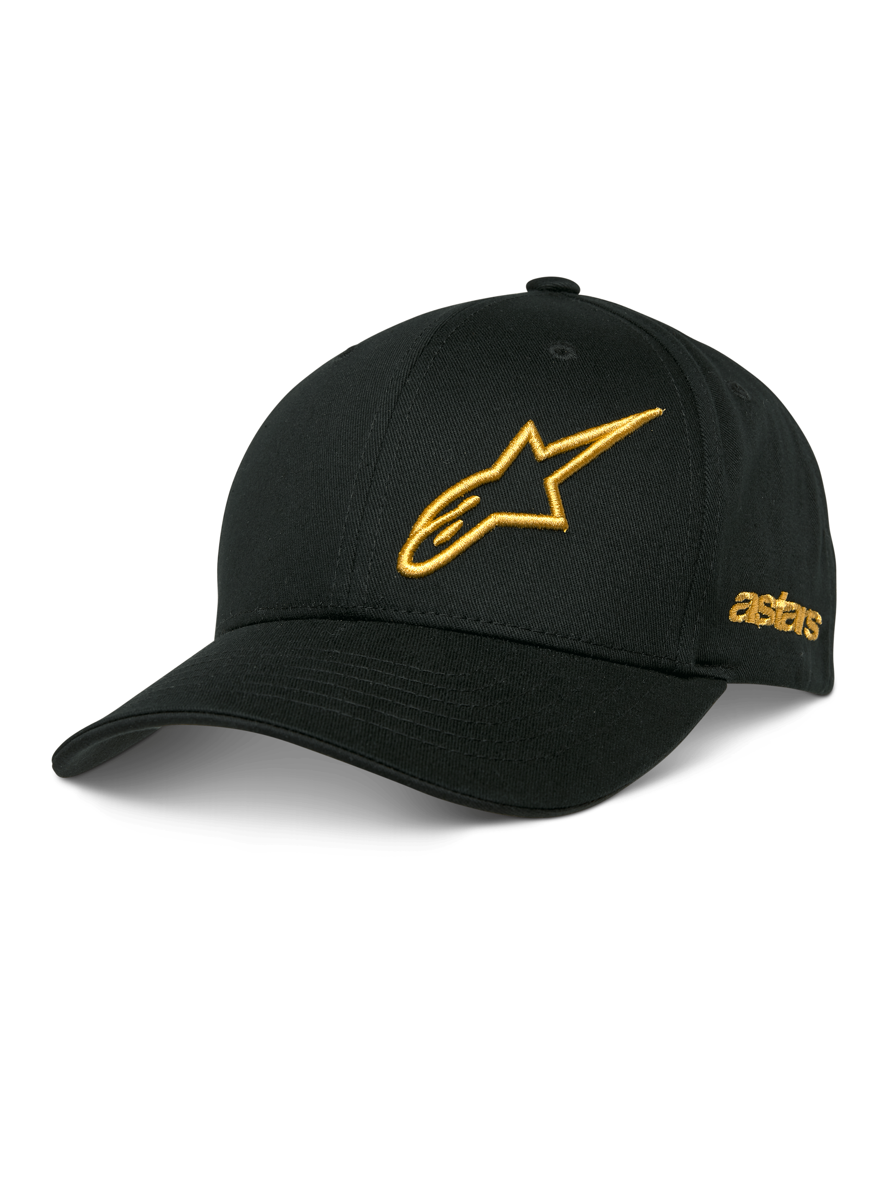 Alpinestars Sessionized Hat, czarna czapka z daszkiem baseballowa, złote haftowane logo gwiazdy 3D, zakrzywiony daszek, boczny haft z napisem „astars”, casualowe nakrycie głowy motorsport