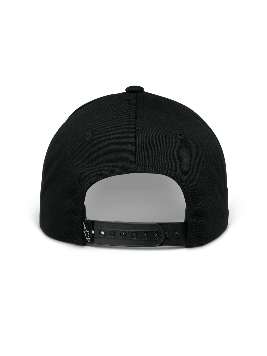 Alpinestars Profile Hat, czarna czapka, widok z tyłu ukazujący regulowane zapięcie snapback, strukturalna korona i małe białe haftowane logo na tylnym pasku, casualowa odzież sportowa