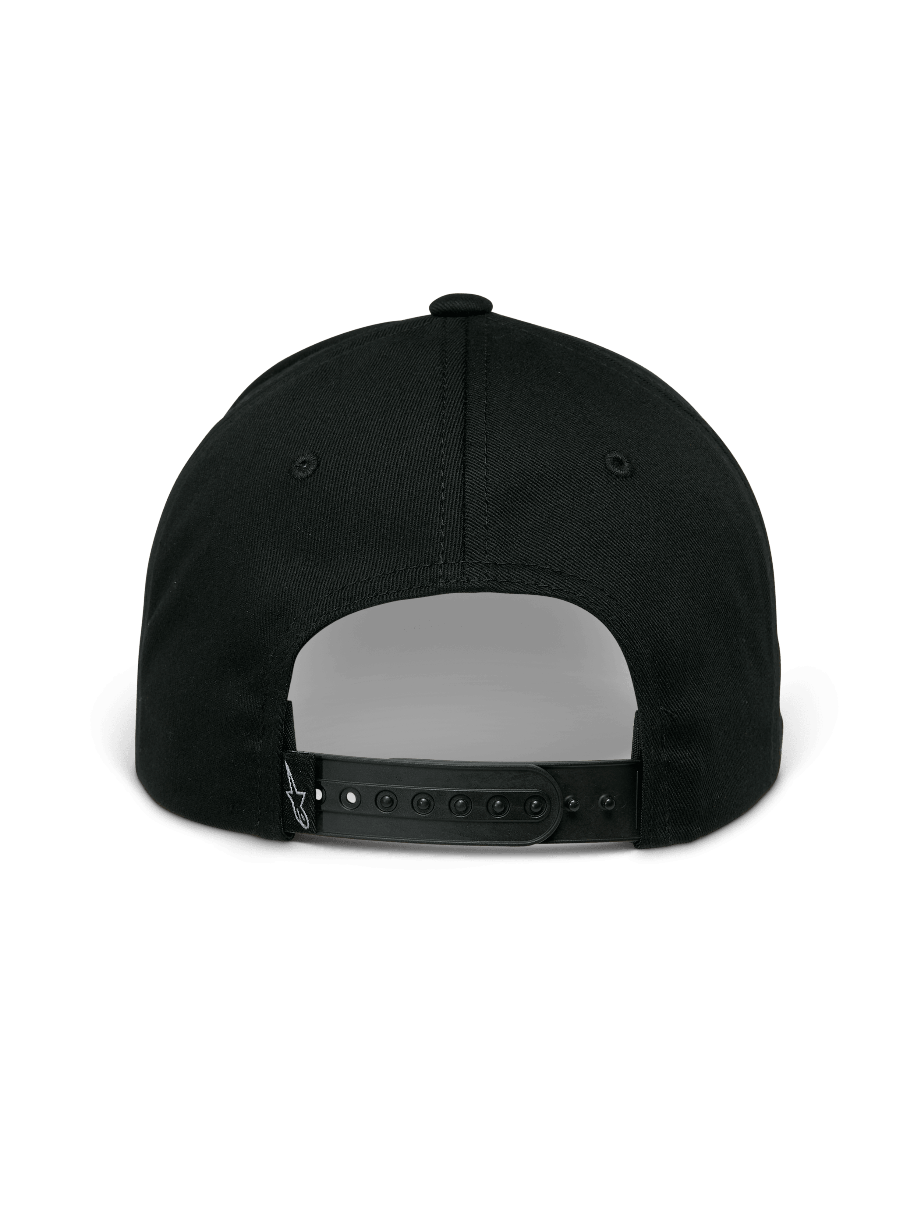 Alpinestars Profile Hat, czarna czapka, widok z tyłu ukazujący regulowane zapięcie snapback, strukturalna korona i małe białe haftowane logo na tylnym pasku, casualowa odzież sportowa