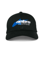 Alpinestars Profile Hat, czarna czapka z daszkiem, niebieska grafika gwiazdy z białym haftem 3D 'astars RACEWEAR', strukturalna korona i zakrzywiony daszek, casualowe nakrycie głowy w stylu motorsport