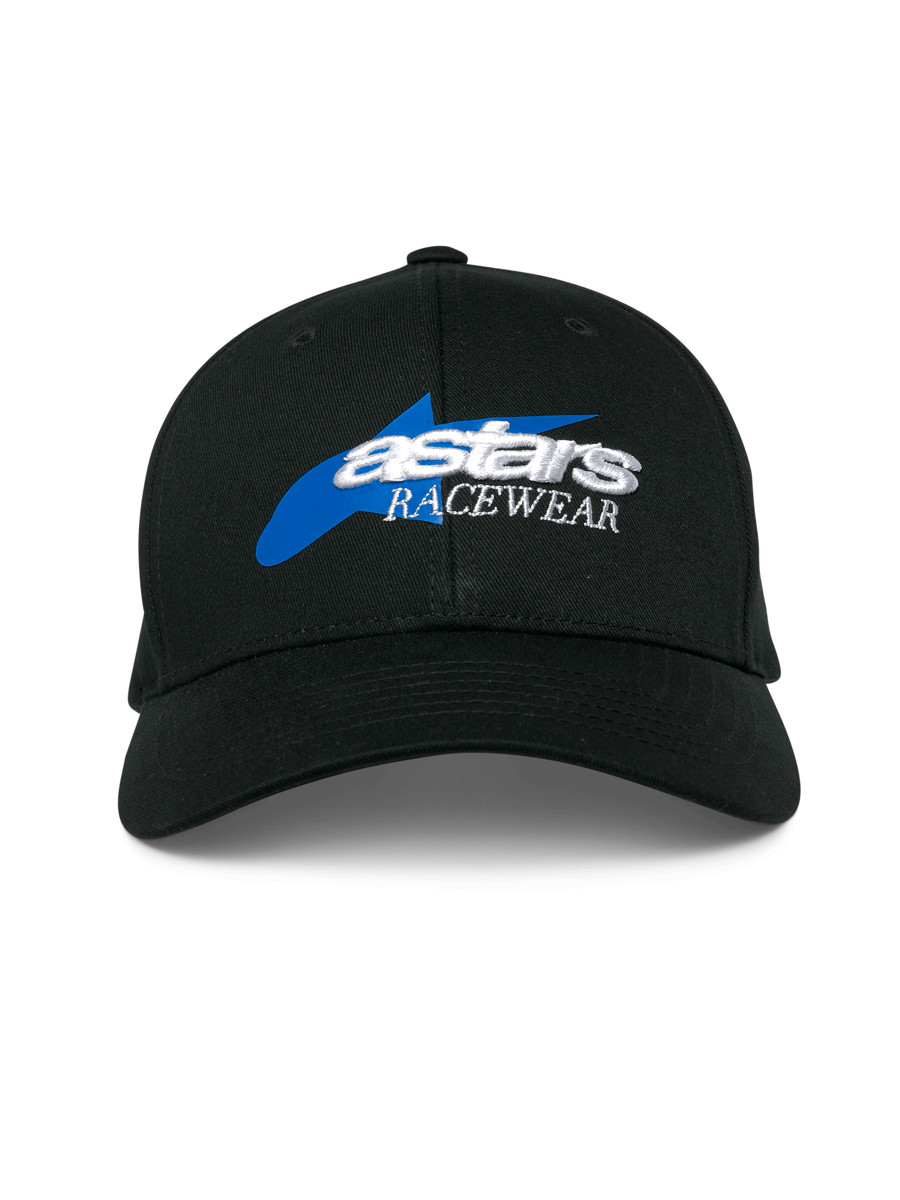 Alpinestars Profile Hat, czarna czapka z daszkiem, niebieska grafika gwiazdy z białym haftem 3D 'astars RACEWEAR', strukturalna korona i zakrzywiony daszek, casualowe nakrycie głowy w stylu motorsport