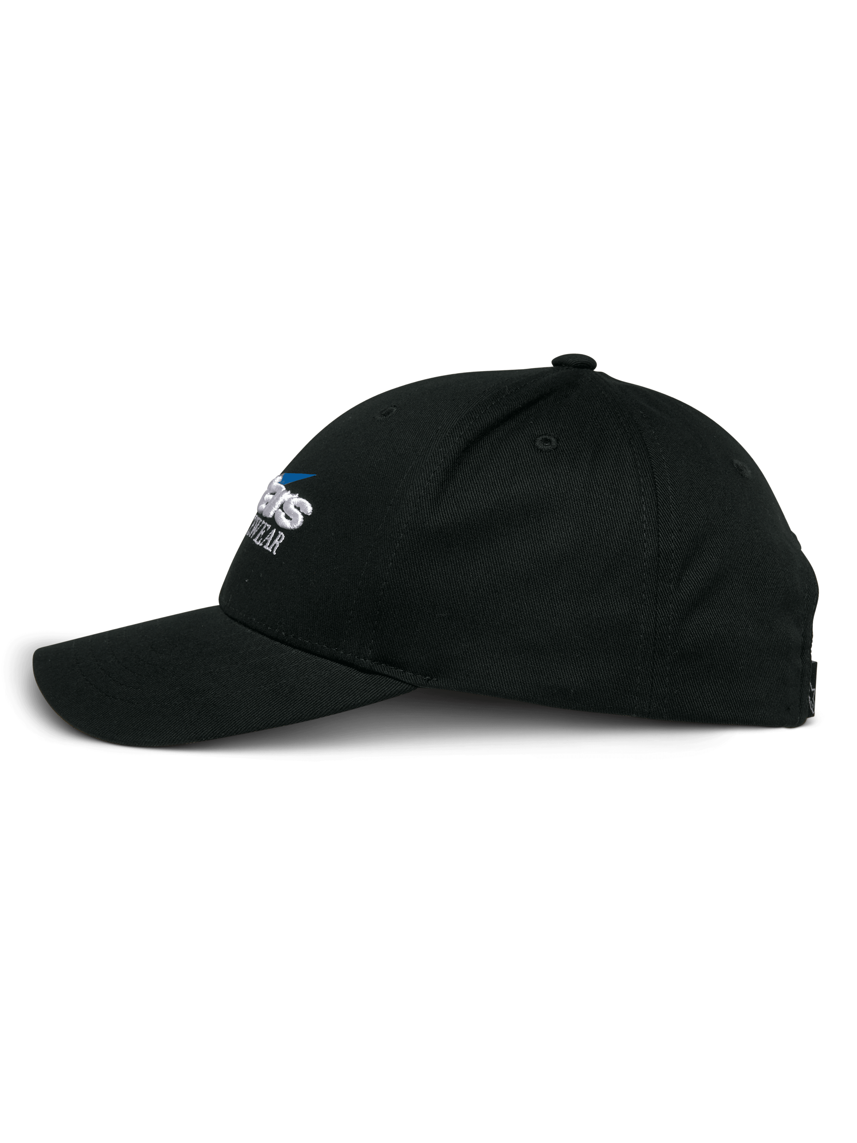Czapka Alpinestars Profile, czarna czapka typu snapback, widok z boku, strukturalna korona z zakrzywionym daszkiem, haftowane logo Alpinestars, codzienne nakrycie głowy inspirowane motorsportem