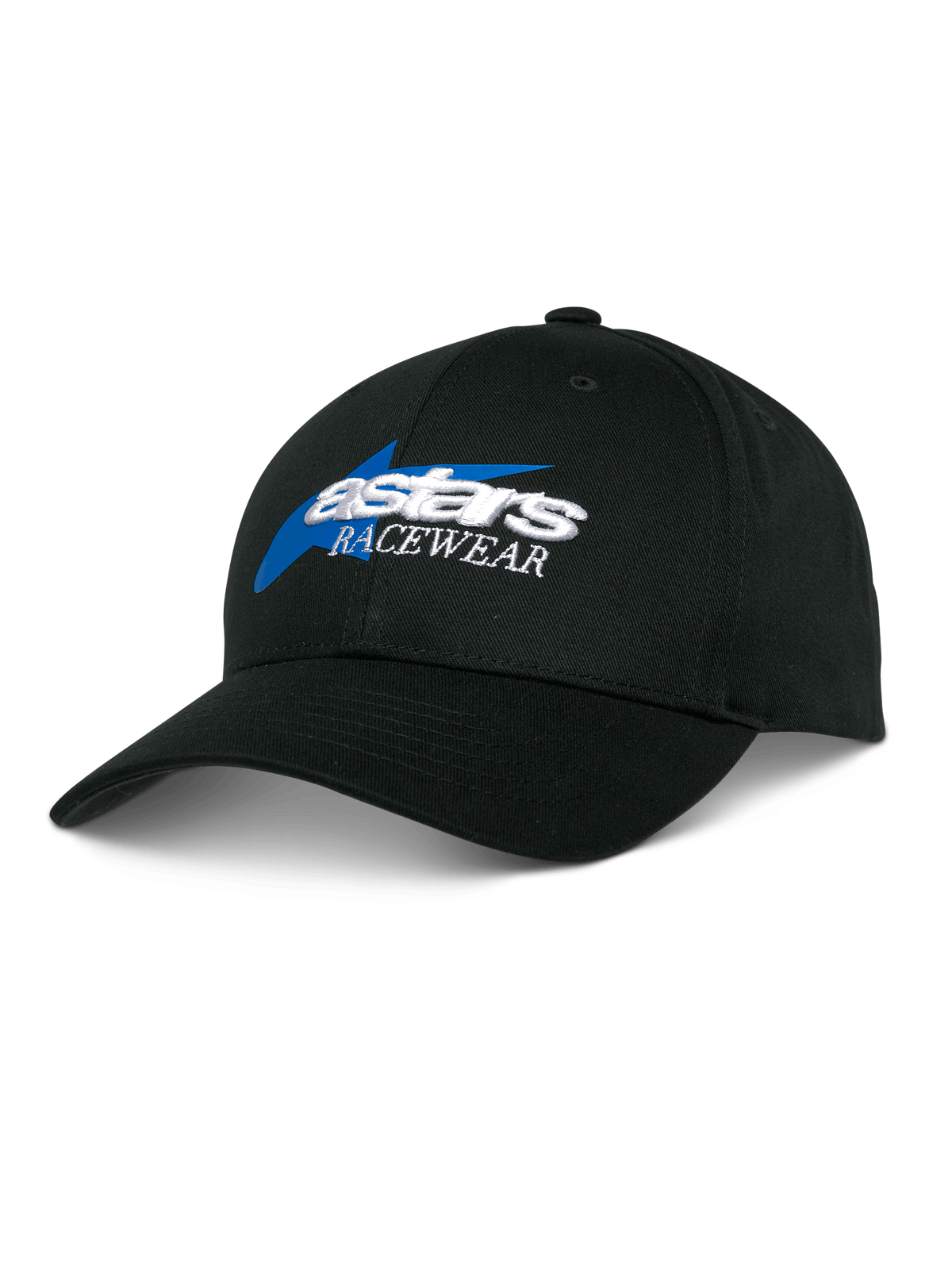 Alpinestars Profile Hat, czarna czapka bejsbolówka, niebiesko-biały haft Astars Racewear, strukturalna korona z zakrzywionym daszkiem, codzienne nakrycie głowy w stylu sportów motorowych