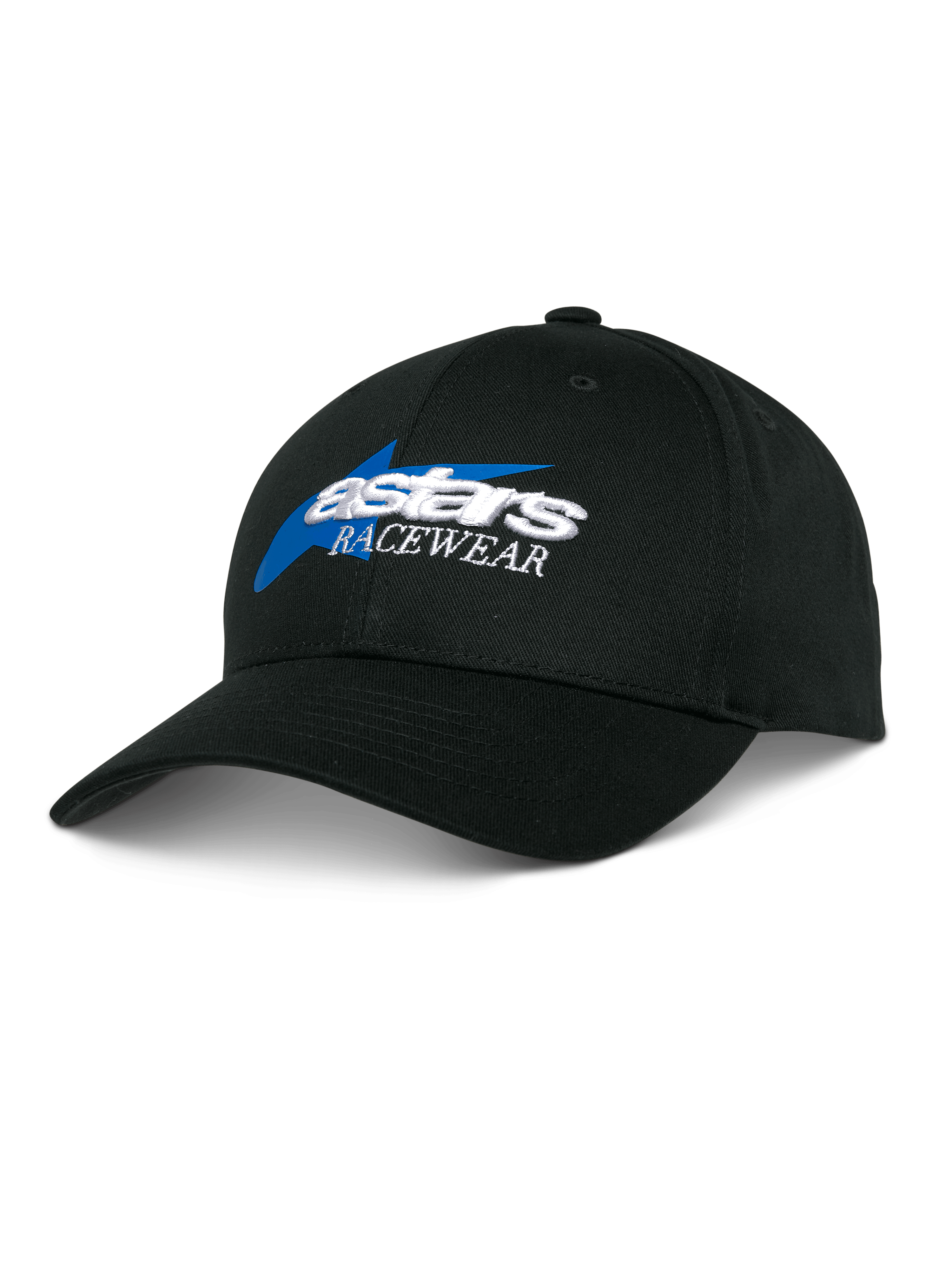 Alpinestars Profile Hat, czarna czapka bejsbolówka, niebiesko-biały haft Astars Racewear, strukturalna korona z zakrzywionym daszkiem, codzienne nakrycie głowy w stylu sportów motorowych