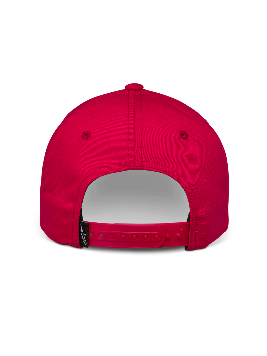 Alpinestars Profile Hat, czerwona czapka z daszkiem typu snapback, widok z tyłu przedstawiający regulowane zapięcie i małą czarną metkę z logo Alpinestars, bawełniany splot skośny, casualowy dodatek motorsportowy