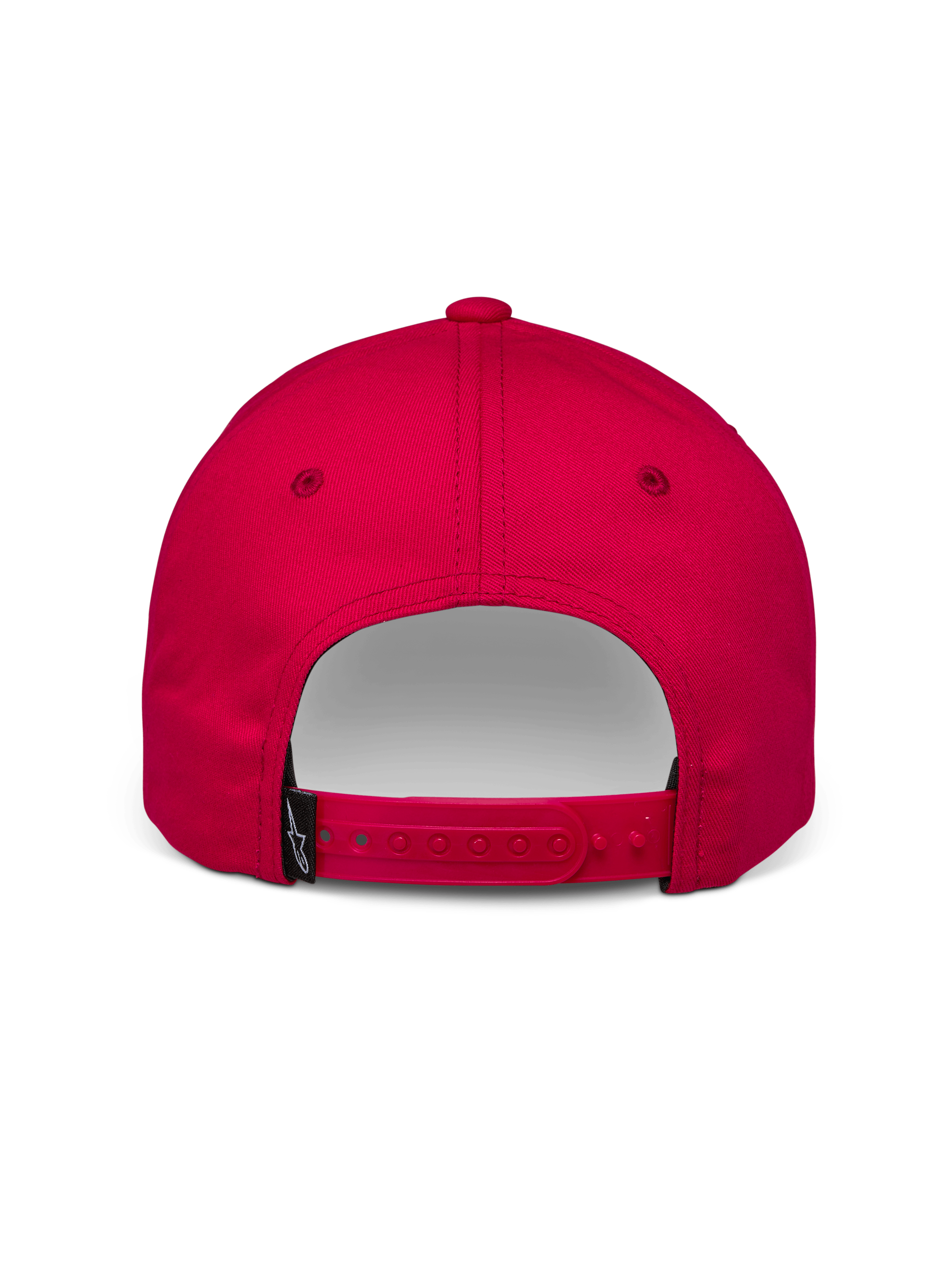 Alpinestars Profile Hat, czerwona czapka z daszkiem typu snapback, widok z tyłu przedstawiający regulowane zapięcie i małą czarną metkę z logo Alpinestars, bawełniany splot skośny, casualowy dodatek motorsportowy