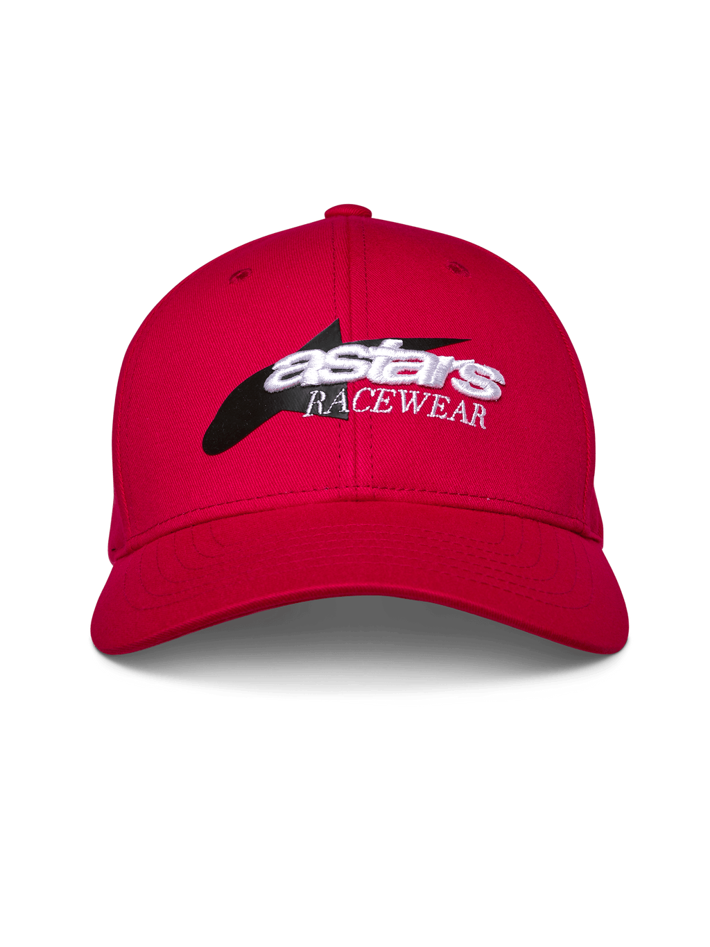 Alpinestars Profile Hat, czerwona czapka z daszkiem, strukturalna korona i zakrzywiony daszek, z przodu logo z czarną grafiką gwiazdy i białym haftem 3D „astars RACEWEAR”, codzienne nakrycie głowy w stylu motorsportowym