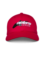 Alpinestars Profile Hat, czerwona czapka z daszkiem, strukturalna korona i zakrzywiony daszek, z przodu logo z czarną grafiką gwiazdy i białym haftem 3D „astars RACEWEAR”, codzienne nakrycie głowy w stylu motorsportowym