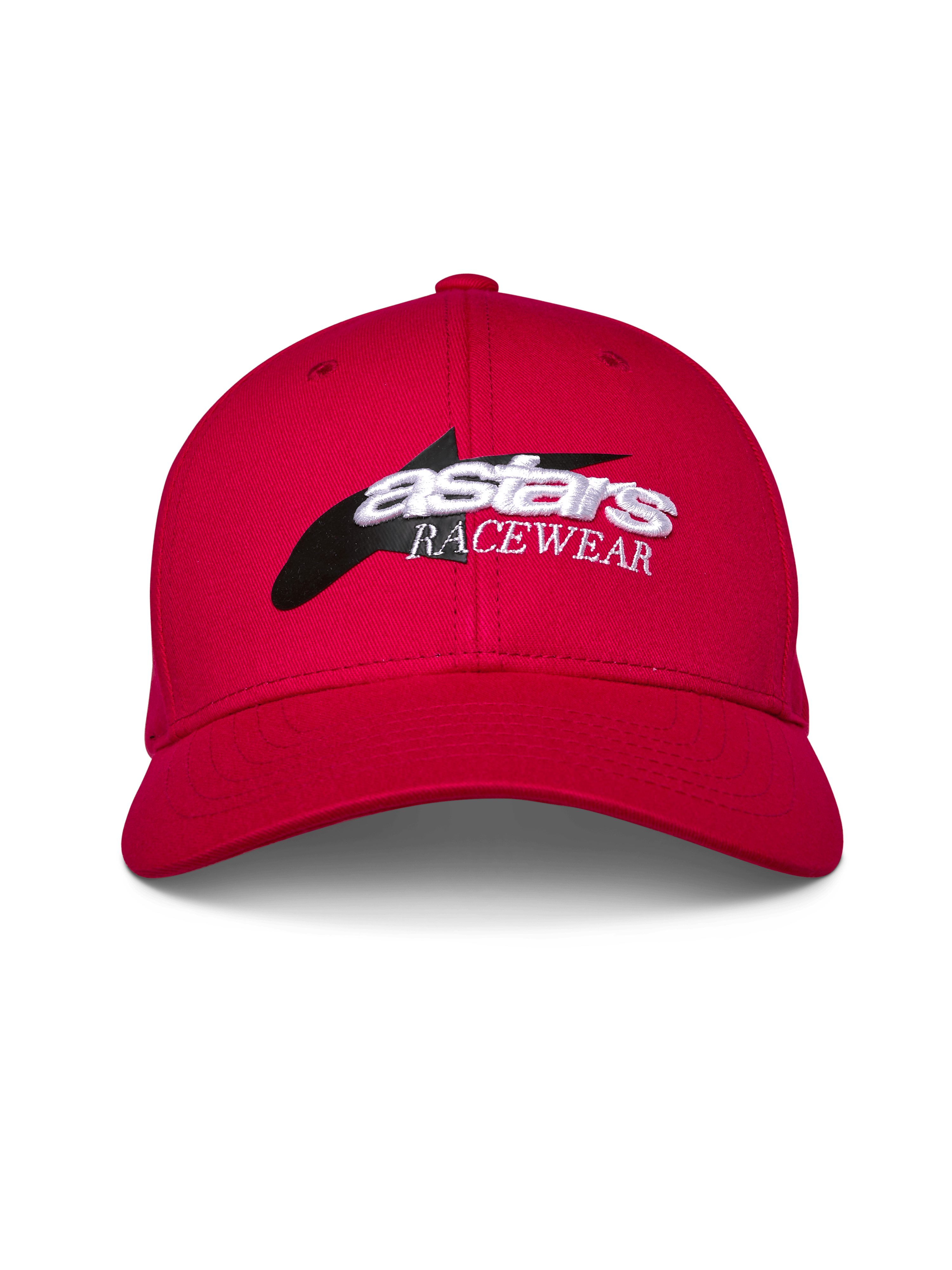 Alpinestars Profile Hat, czerwona czapka z daszkiem, strukturalna korona i zakrzywiony daszek, z przodu logo z czarną grafiką gwiazdy i białym haftem 3D „astars RACEWEAR”, codzienne nakrycie głowy w stylu motorsportowym