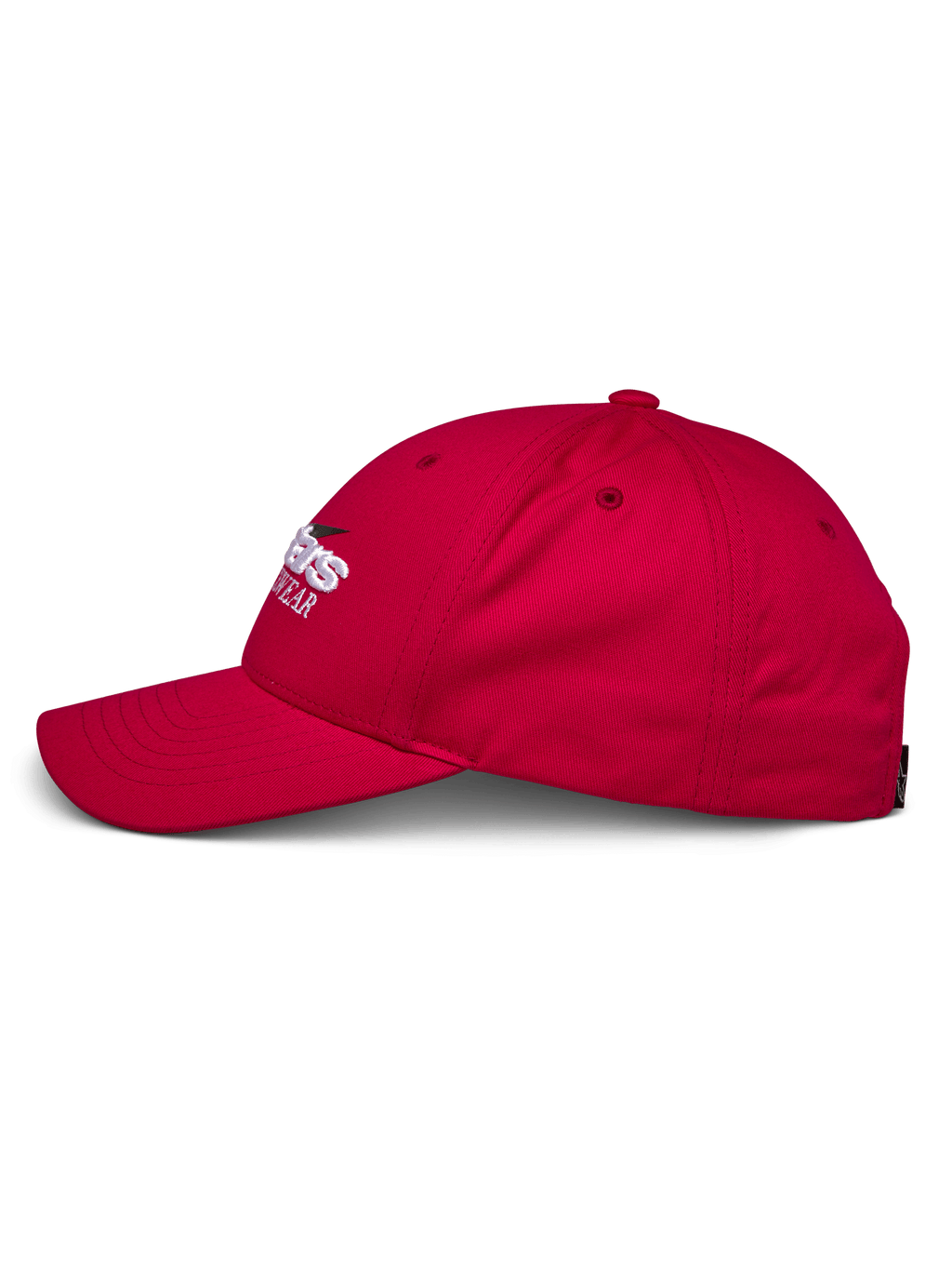 Czapka Alpinestars Profile, czerwony profil boczny, strukturalna korona i zakrzywiony daszek, 100% bawełniany splot skośny, biało-czarne haftowane logo, codzienne nakrycie głowy w stylu motorsportowym