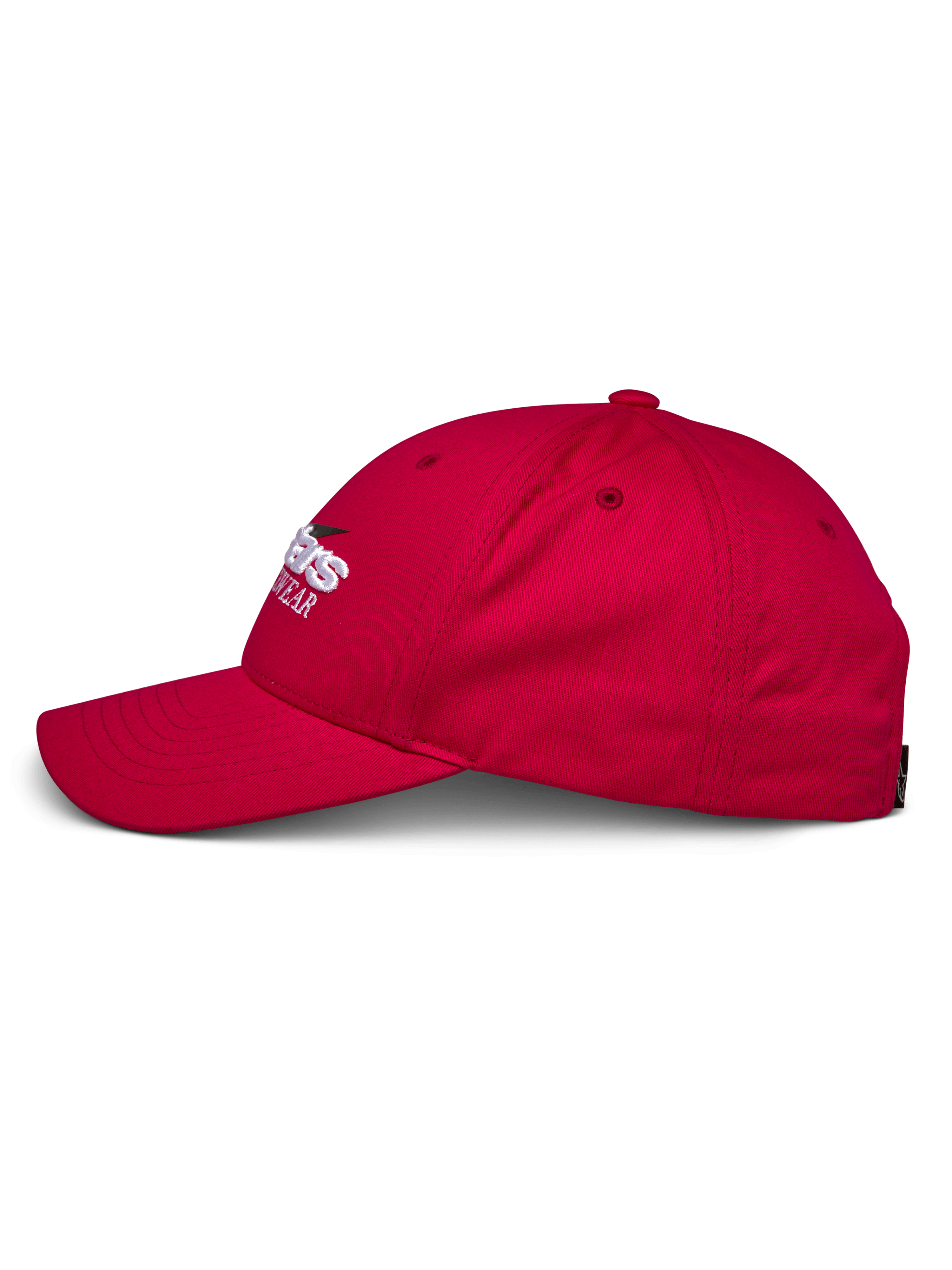 Czapka Alpinestars Profile, czerwony profil boczny, strukturalna korona i zakrzywiony daszek, 100% bawełniany splot skośny, biało-czarne haftowane logo, codzienne nakrycie głowy w stylu motorsportowym