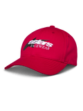 Alpinestars Profile Hat, czerwona czapka z daszkiem, biało-czarne haftowane logo Astars RACEWEAR, zakrzywiony daszek i usztywniona korona, casualowy styl motorsportowy