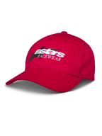 Alpinestars Profile Hat, czerwona czapka z daszkiem, biało-czarne haftowane logo Astars RACEWEAR, zakrzywiony daszek i usztywniona korona, casualowy styl motorsportowy