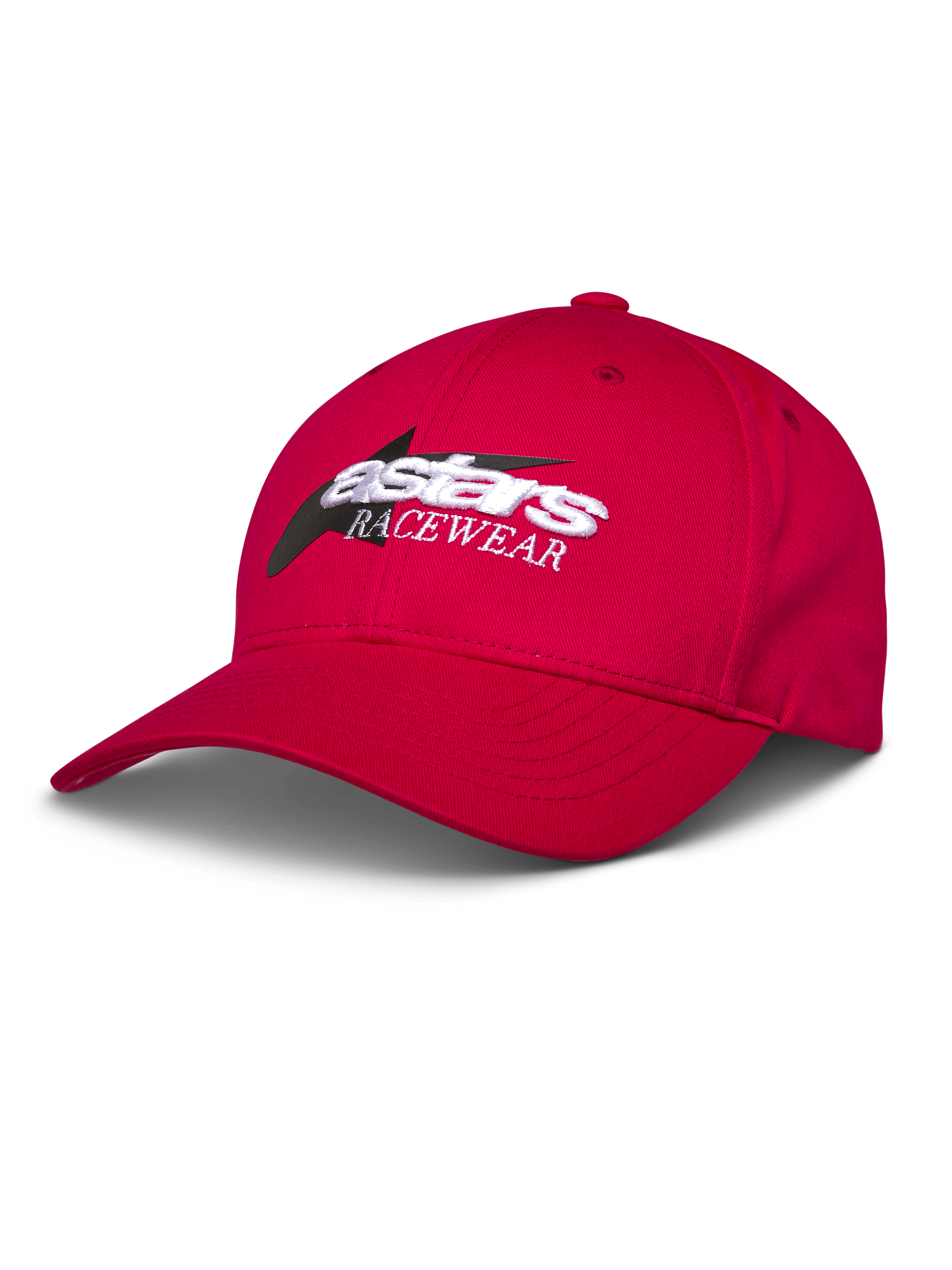 Alpinestars Profile Hat, czerwona czapka z daszkiem, biało-czarne haftowane logo Astars RACEWEAR, zakrzywiony daszek i usztywniona korona, casualowy styl motorsportowy