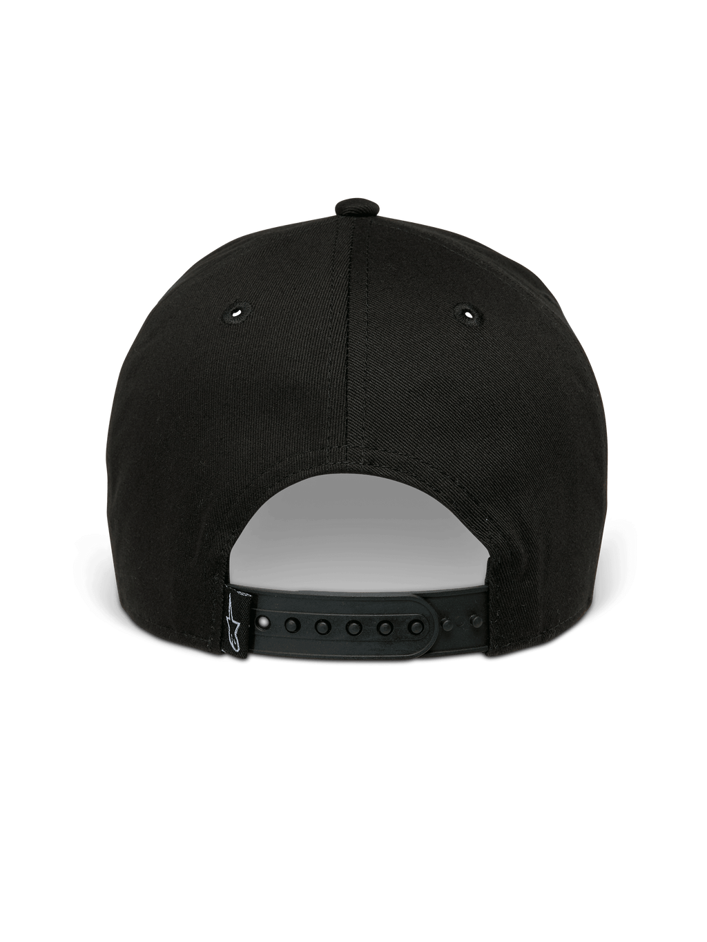 Alpinestars Metal Logo Hat, czarna czapka typu snapback, widok z tyłu pokazujący regulowane zapięcie snapback i małą tkaną metkę z logo, codzienny streetwear inspirowany sportami motorowymi