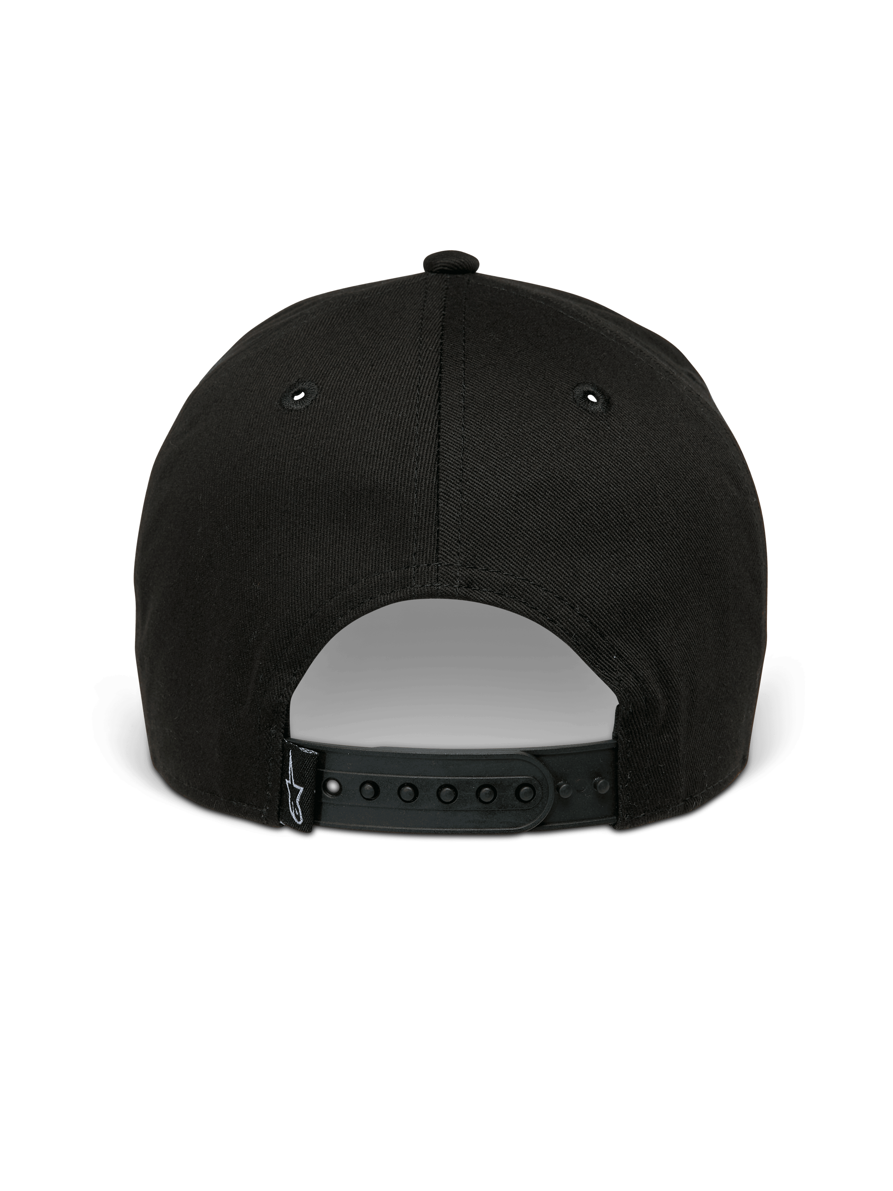 Alpinestars Metal Logo Hat, czarna czapka typu snapback, widok z tyłu pokazujący regulowane zapięcie snapback i małą tkaną metkę z logo, codzienny streetwear inspirowany sportami motorowymi