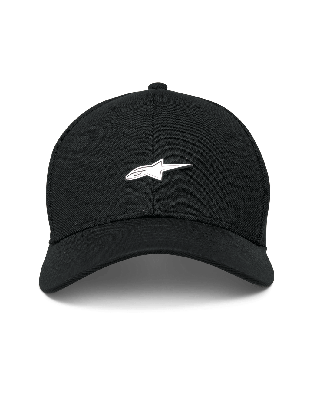 Alpinestars Metal Logo Hat, czarna czapka z daszkiem o strukturalnej koronie, zakrzywiony daszek, metalowa naszywka z logo 3D, tkanina mini pique, codzienny styl motorsport streetwear