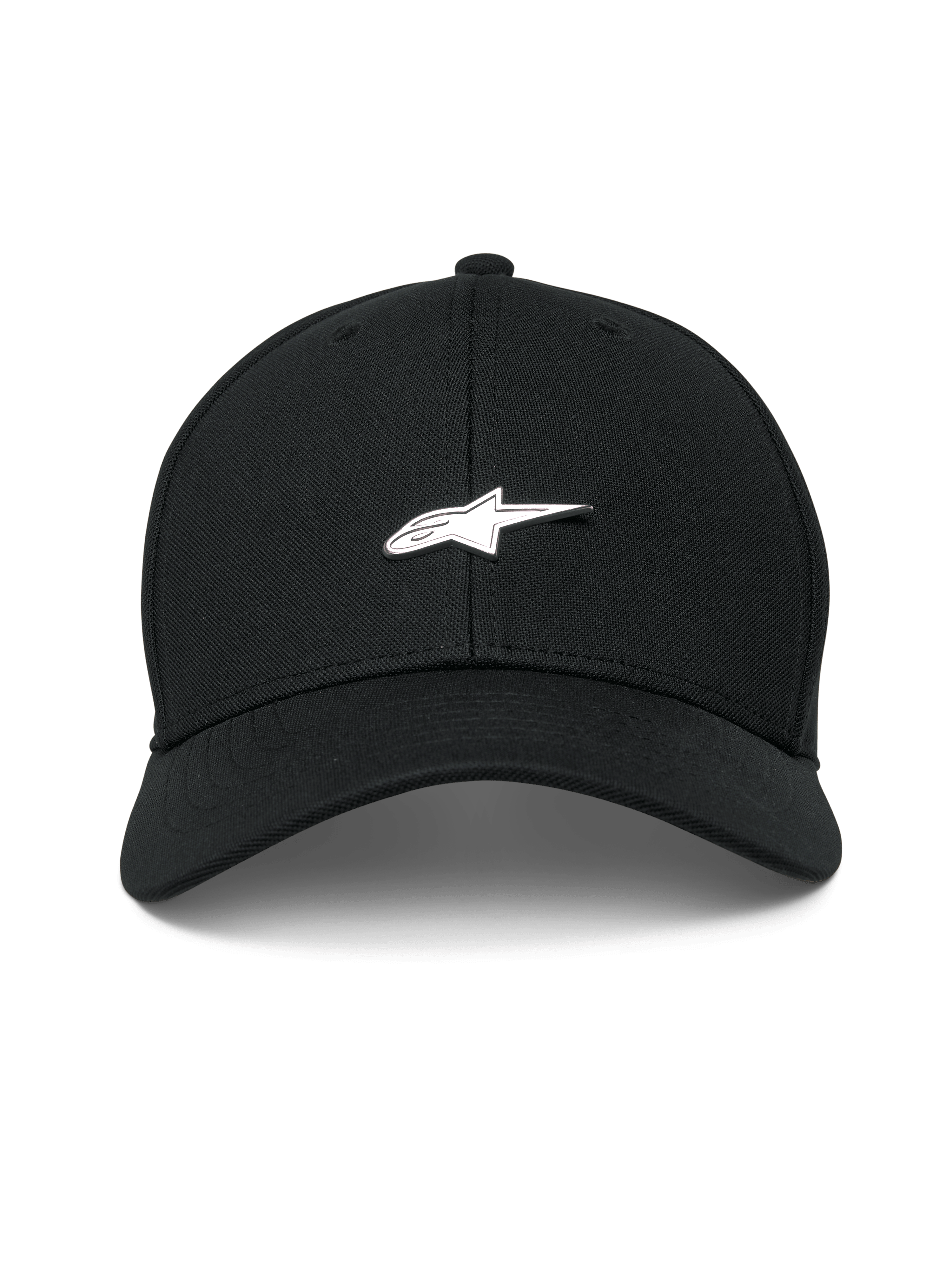 Alpinestars Metal Logo Hat, czarna czapka z daszkiem o strukturalnej koronie, zakrzywiony daszek, metalowa naszywka z logo 3D, tkanina mini pique, codzienny styl motorsport streetwear