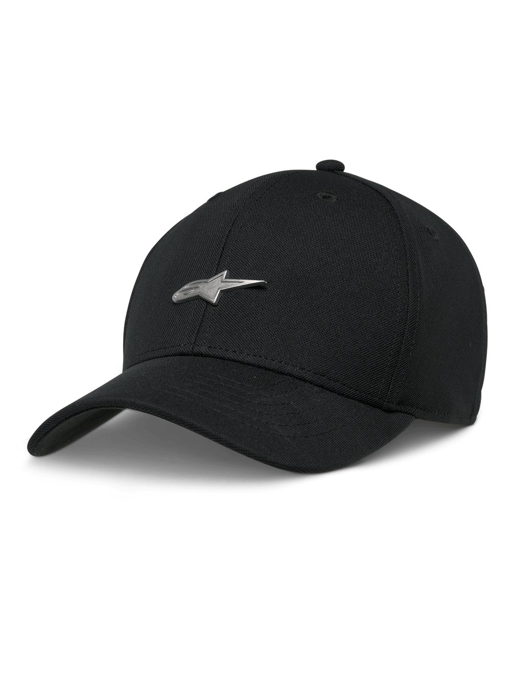 Alpinestars Metal Logo Hat, czarna czapka bejsbolówka, srebrne metalowe logo 3D w kształcie gwiazdy, zakrzywiony daszek, usztywniona korona, codzienny styl motorsportowy