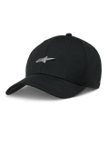 Alpinestars Metal Logo Hat, czarna czapka bejsbolówka, srebrne metalowe logo 3D w kształcie gwiazdy, zakrzywiony daszek, usztywniona korona, codzienny styl motorsportowy