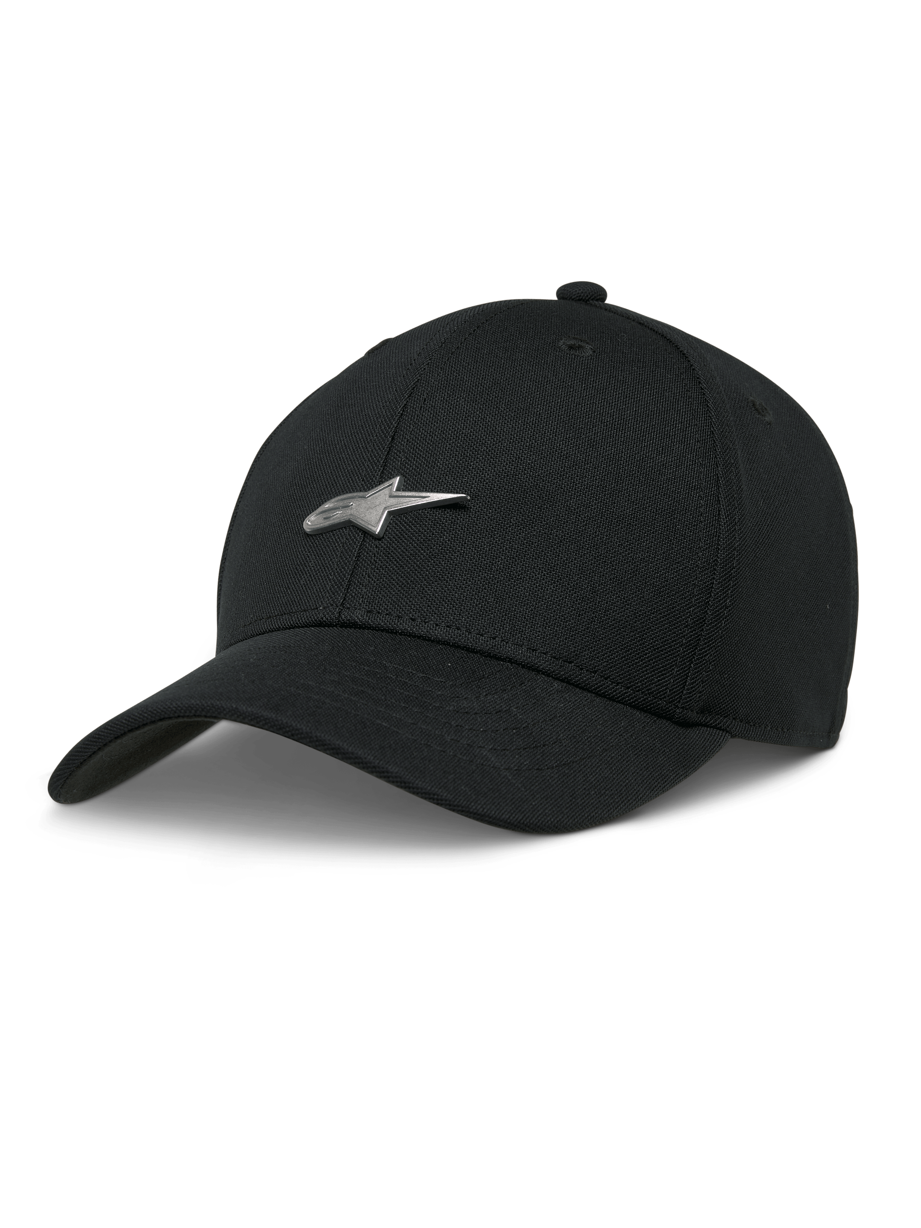 Alpinestars Metal Logo Hat, czarna czapka bejsbolówka, srebrne metalowe logo 3D w kształcie gwiazdy, zakrzywiony daszek, usztywniona korona, codzienny styl motorsportowy