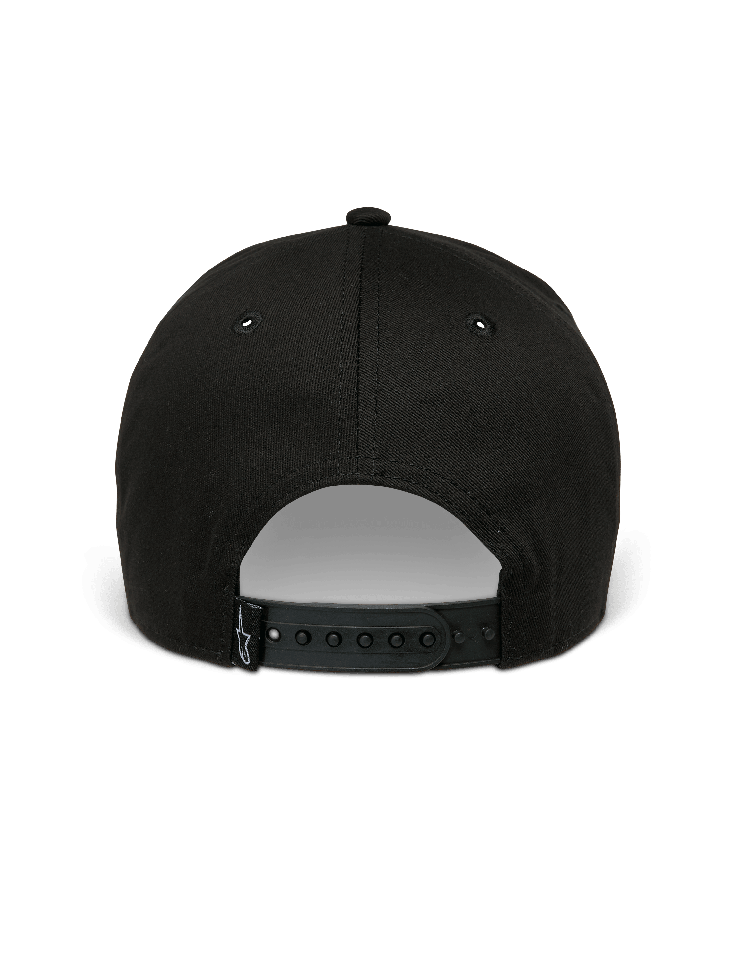 Alpinestars Canyon Hat, czarna czapka z daszkiem typu snapback, widok z tyłu z regulowanym zapięciem i małą tkaną metką z logo Astars, materiał 100% bawełna o splocie skośnym, codzienne nakrycie głowy inspirowane motorsportem