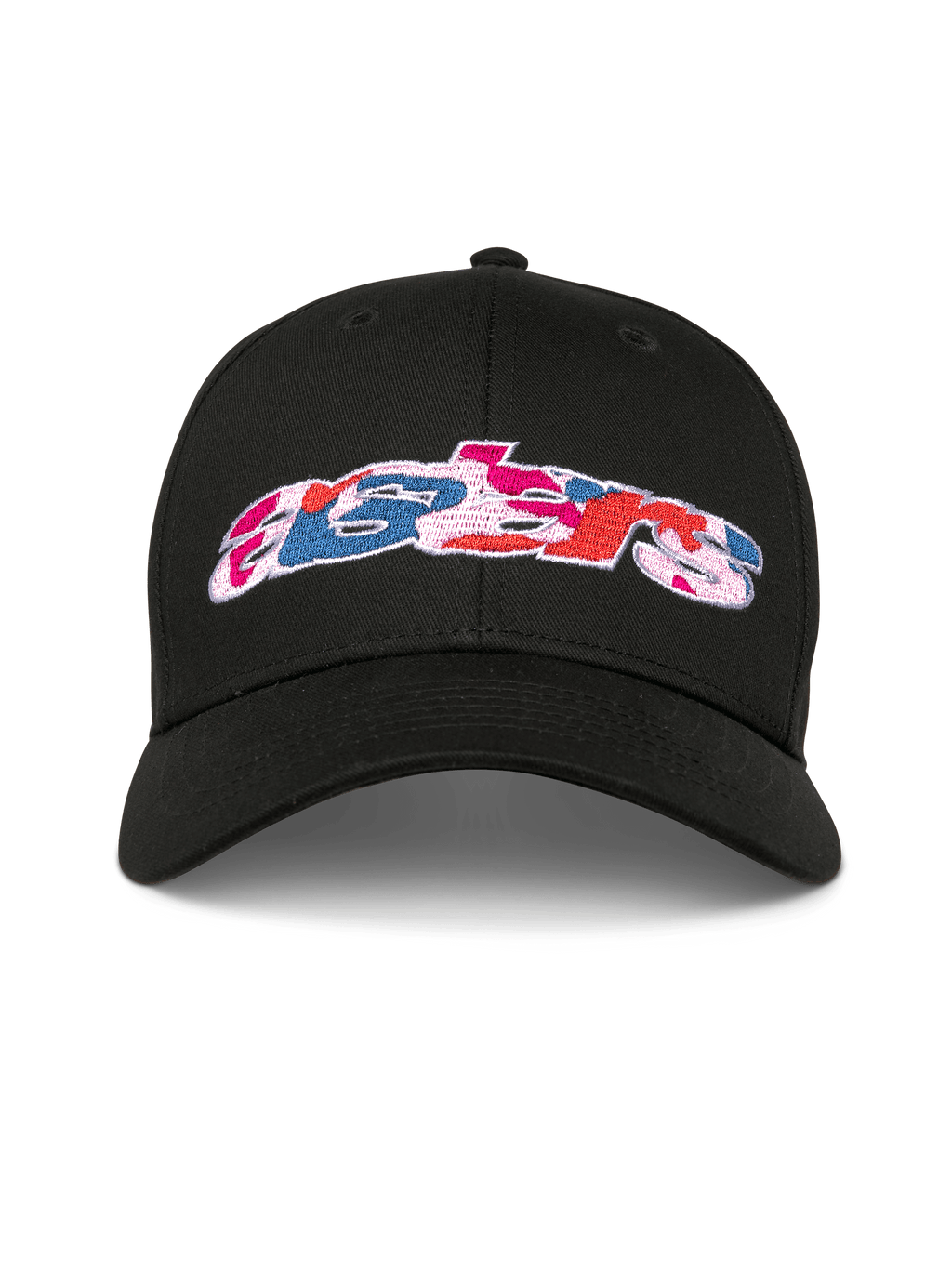 Alpinestars Canyon Hat, czarna czapka z daszkiem typu snapback, zakrzywiony daszek i strukturalna korona, logo Astars z przodu z haftem wypełnionym kamuflażem, sportowy styl casual