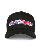 Alpinestars Canyon Hat, czarna czapka z daszkiem typu snapback, zakrzywiony daszek i strukturalna korona, logo Astars z przodu z haftem wypełnionym kamuflażem, sportowy styl casual