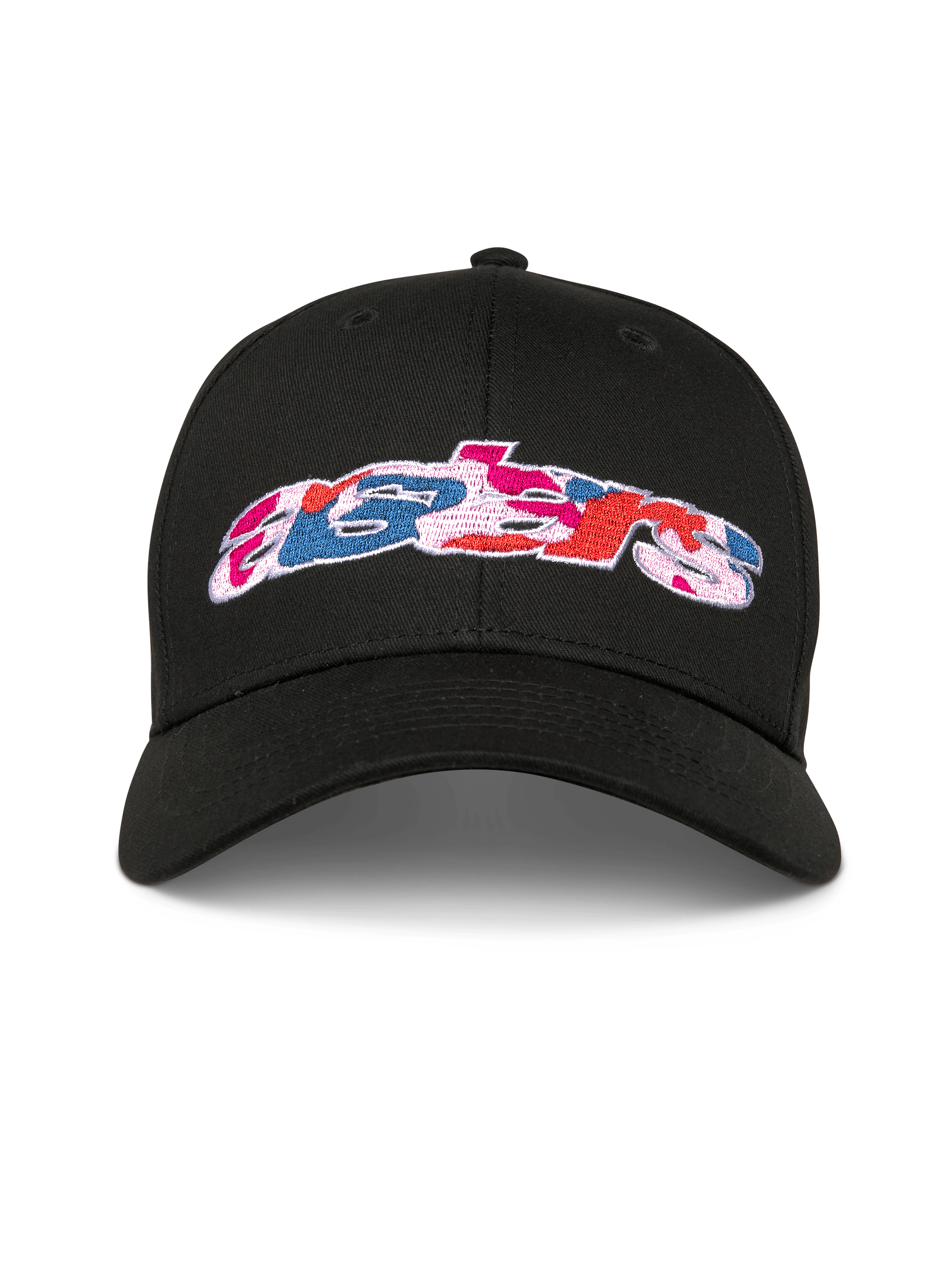 Alpinestars Canyon Hat, czarna czapka z daszkiem typu snapback, zakrzywiony daszek i strukturalna korona, logo Astars z przodu z haftem wypełnionym kamuflażem, sportowy styl casual
