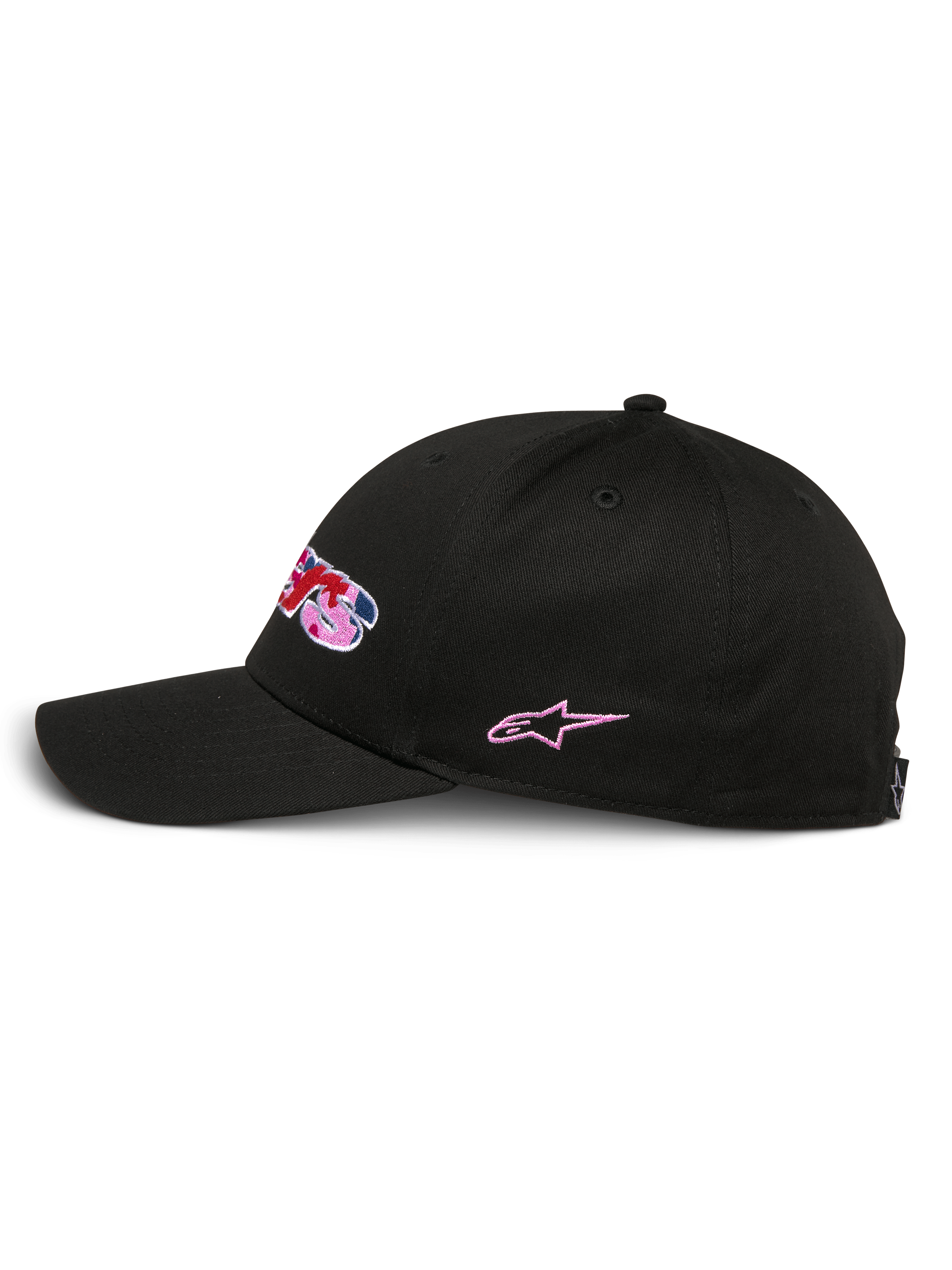 Alpinestars Canyon Hat, czarna czapka snapback, widok z profilu, strukturalna korona z zakrzywionym daszkiem, haftowane logo z przodu z wypełnieniem kamuflażowym i różowymi akcentami, różowy haft gwiazdy z boku, casualowy styl motorsportowy