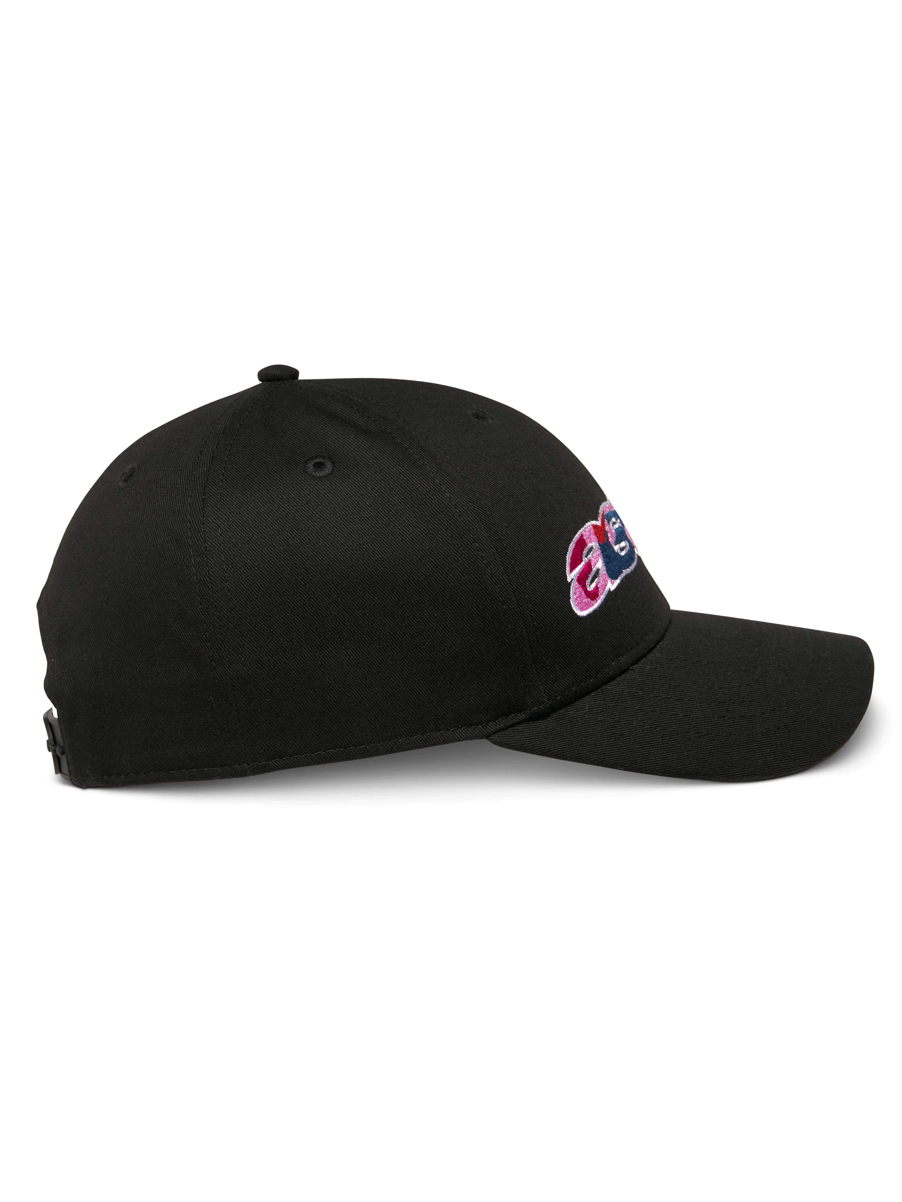 Alpinestars Canyon Hat, czarna czapka z daszkiem typu snapback, widok z profilu, zakrzywiony daszek, z bocznym haftem i ustrukturyzowaną koroną, casualowe nakrycie głowy motorsport