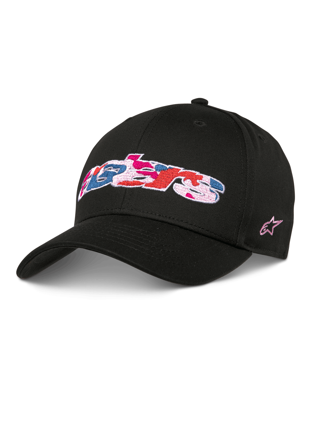 Alpinestars Canyon Hat, czarna czapka baseballowa typu snapback, zakrzywiony daszek i usztywniona korona, przednie logo Astars z haftem wypełnionym różowym, niebieskim i czerwonym kamuflażem, różowe logo gwiazdy z boku, casualowy streetwear z bawełnianego twillu